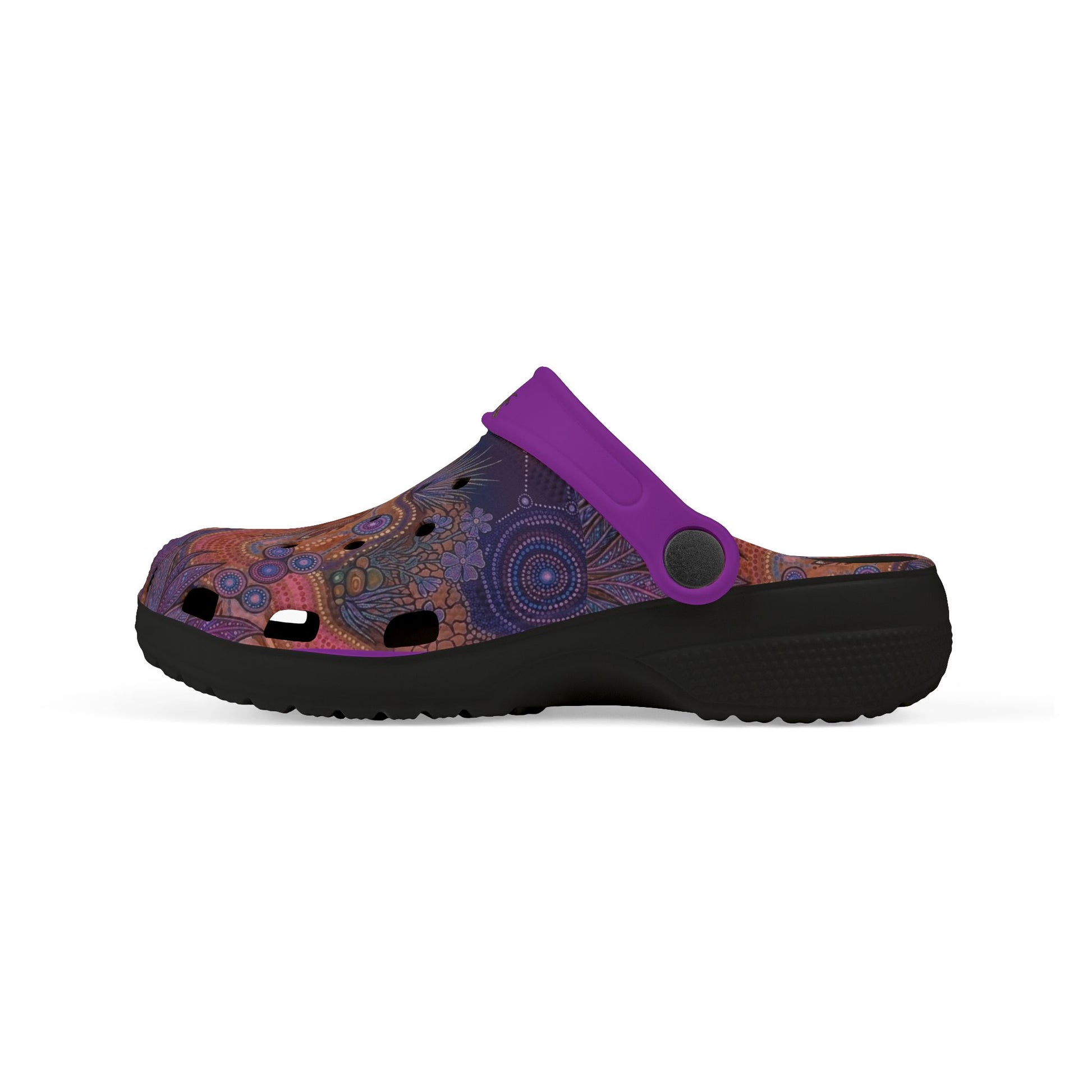 Purple printed clog with purple strap and dark rubber sole
