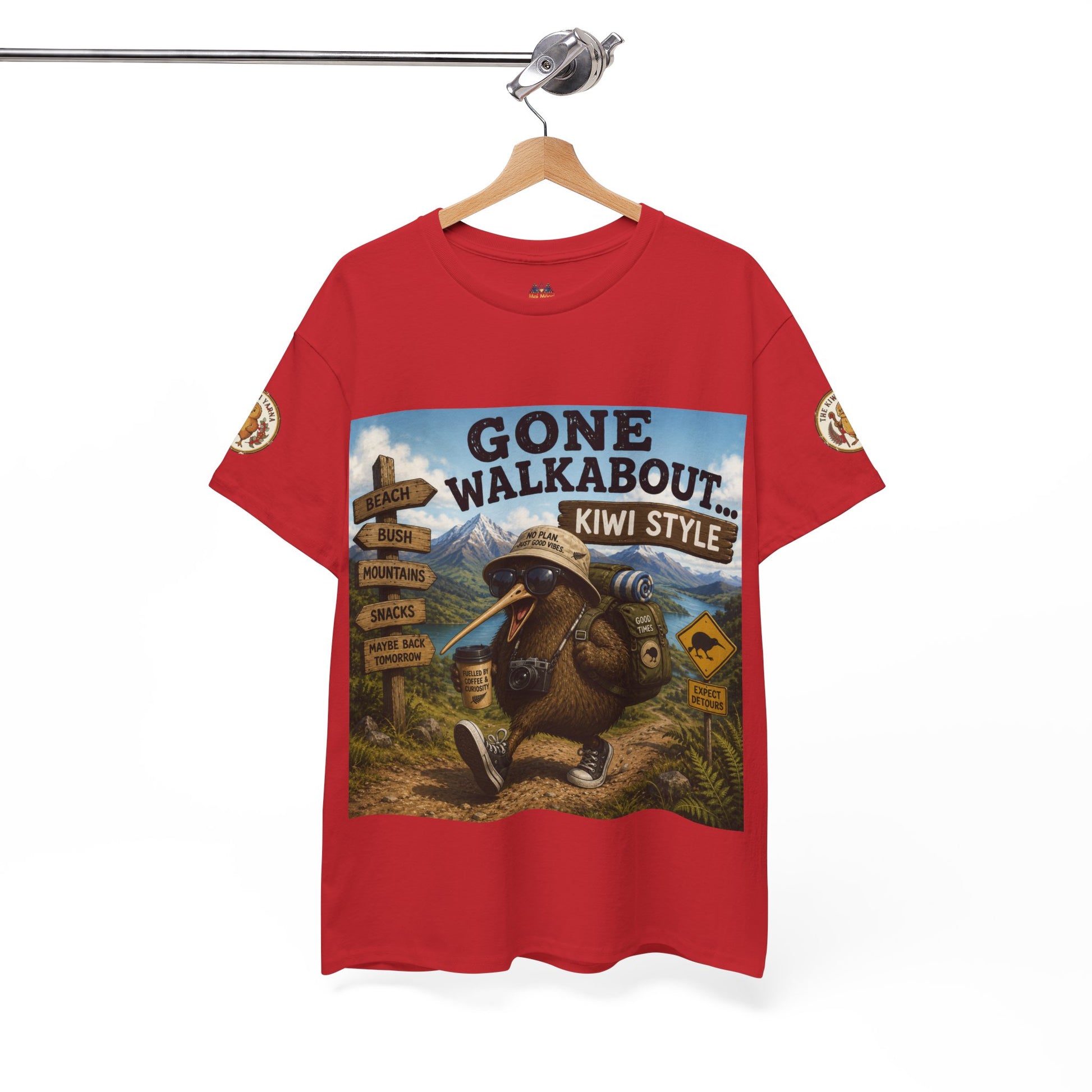 Red crew-neck short-sleeve T-shirt with front Gone Walkabout graphic and sleeve patches.