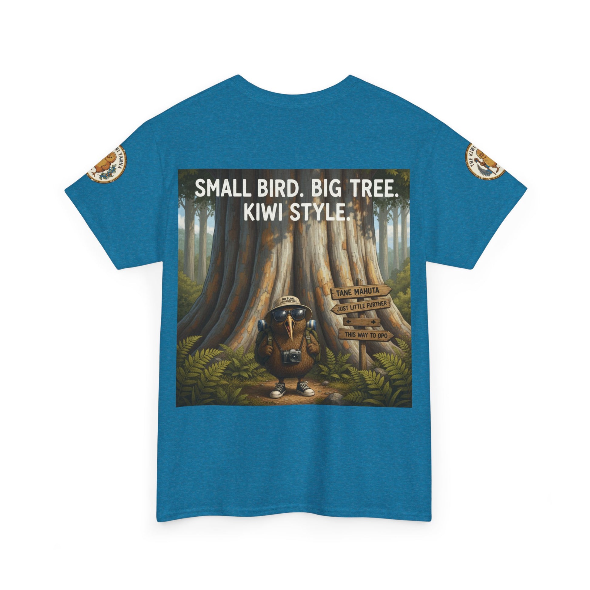 Teal graphic T-shirt with large back poster print and 'KIWI STYLE' text
