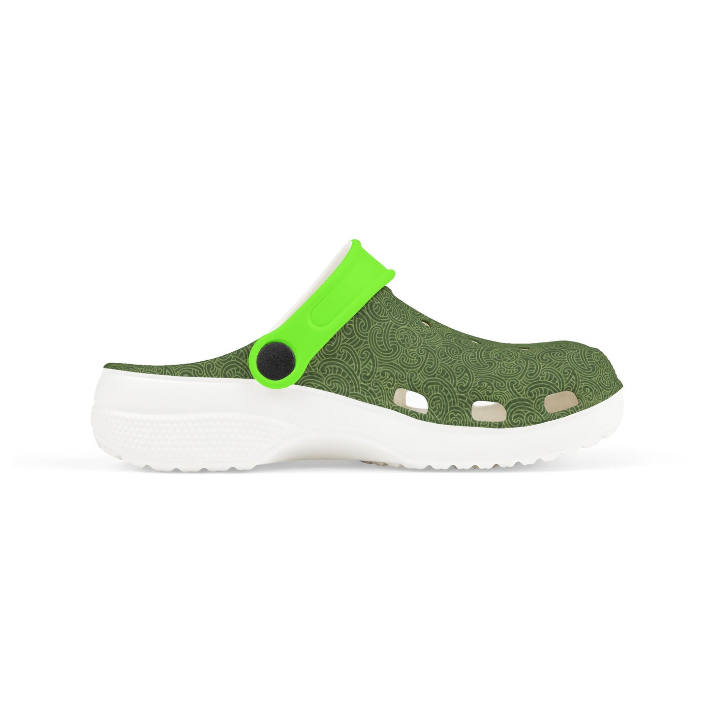 Piripiri perforated clog, side view with dark green upper and neon green strap