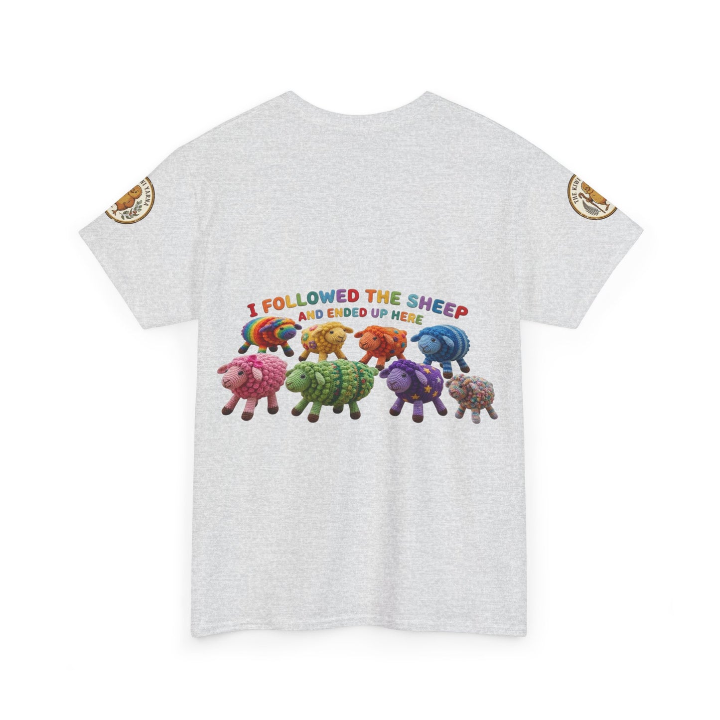 Heather gray crewneck graphic T-shirt with colorful sheep illustration on the front