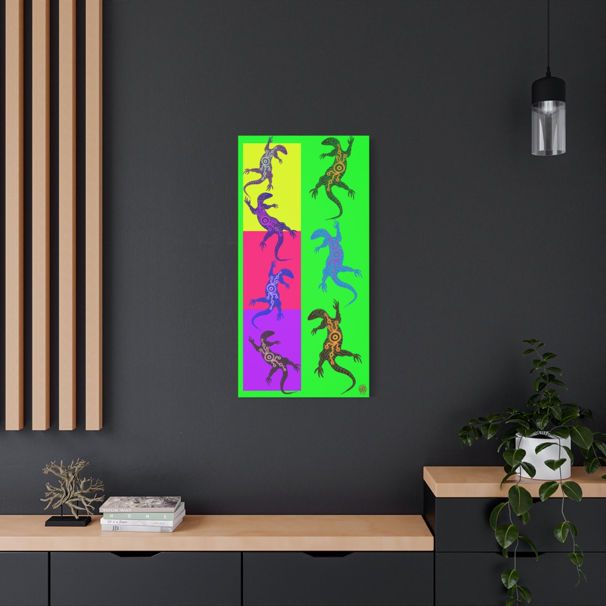 Neon tall lizard wall art with yellow, teal, purple, and pink sections
