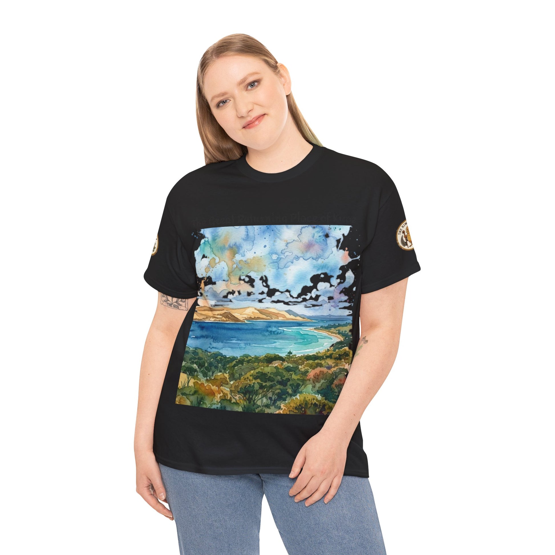 Black T-shirt on model with watercolor landscape graphic and gold-trimmed sleeve detail