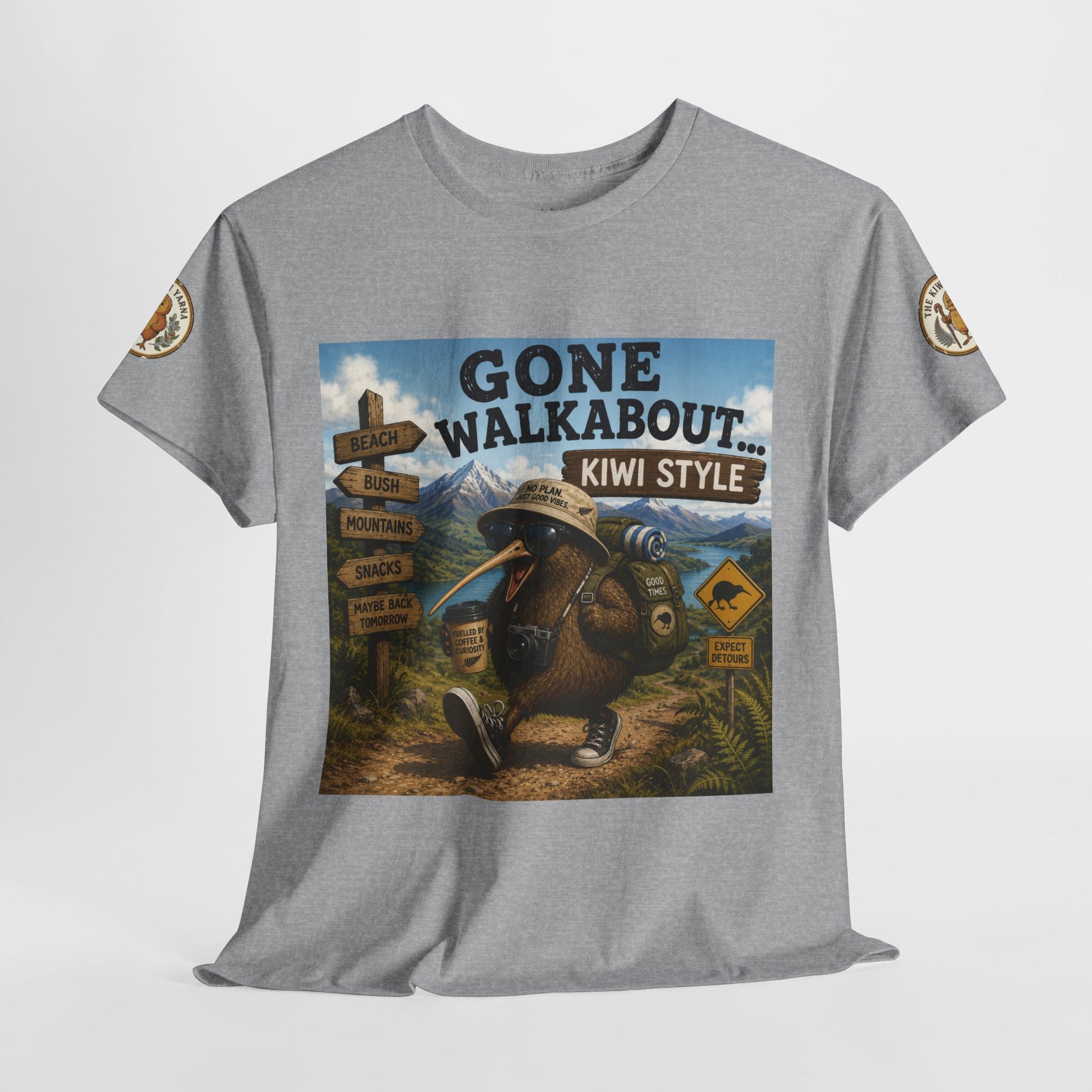 Grey T-shirt with large square 'Gone Walkabout Kiwi Style' kiwi graphic