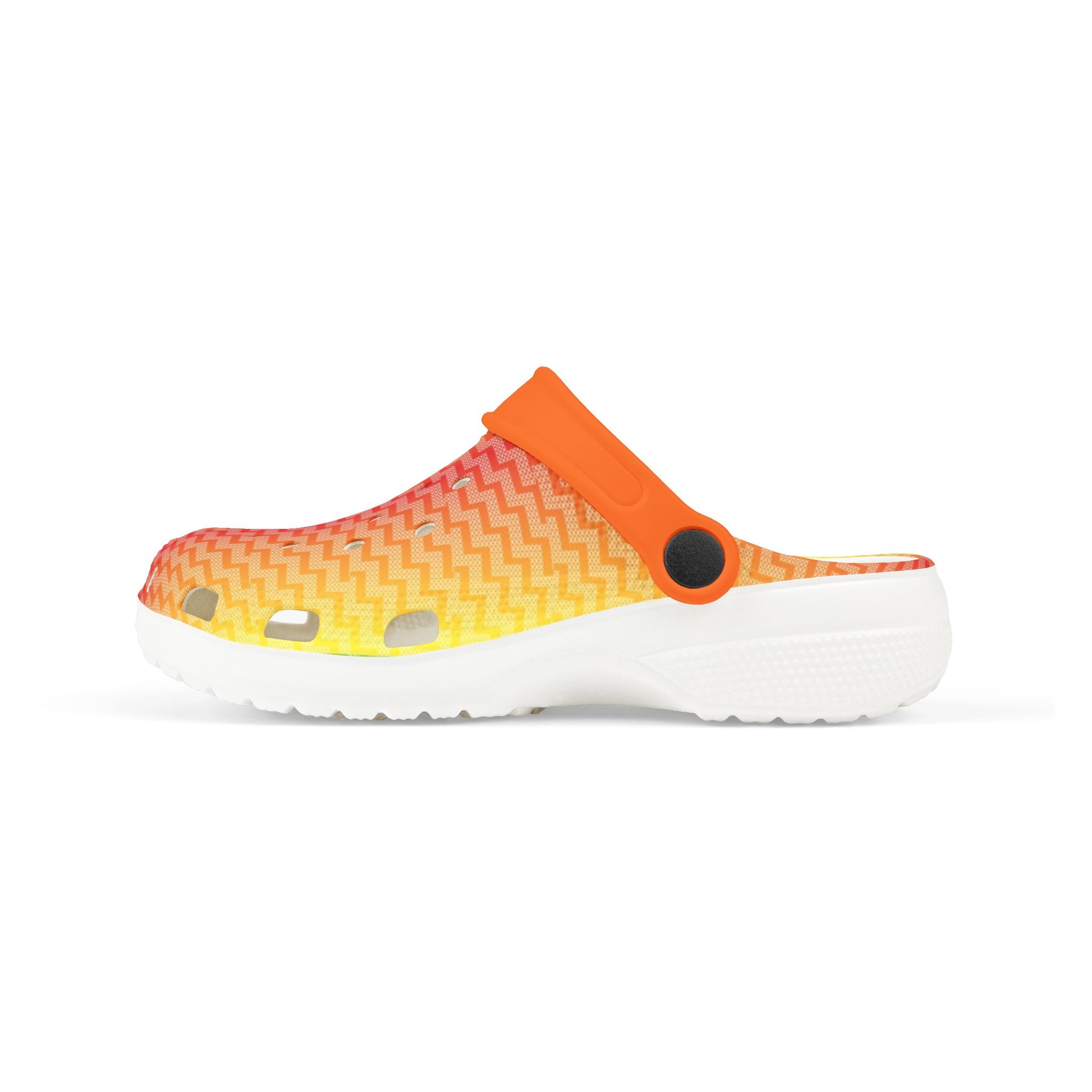 Croc-style slip-on clogs with multicolor zigzag upper, orange strap, and white sole