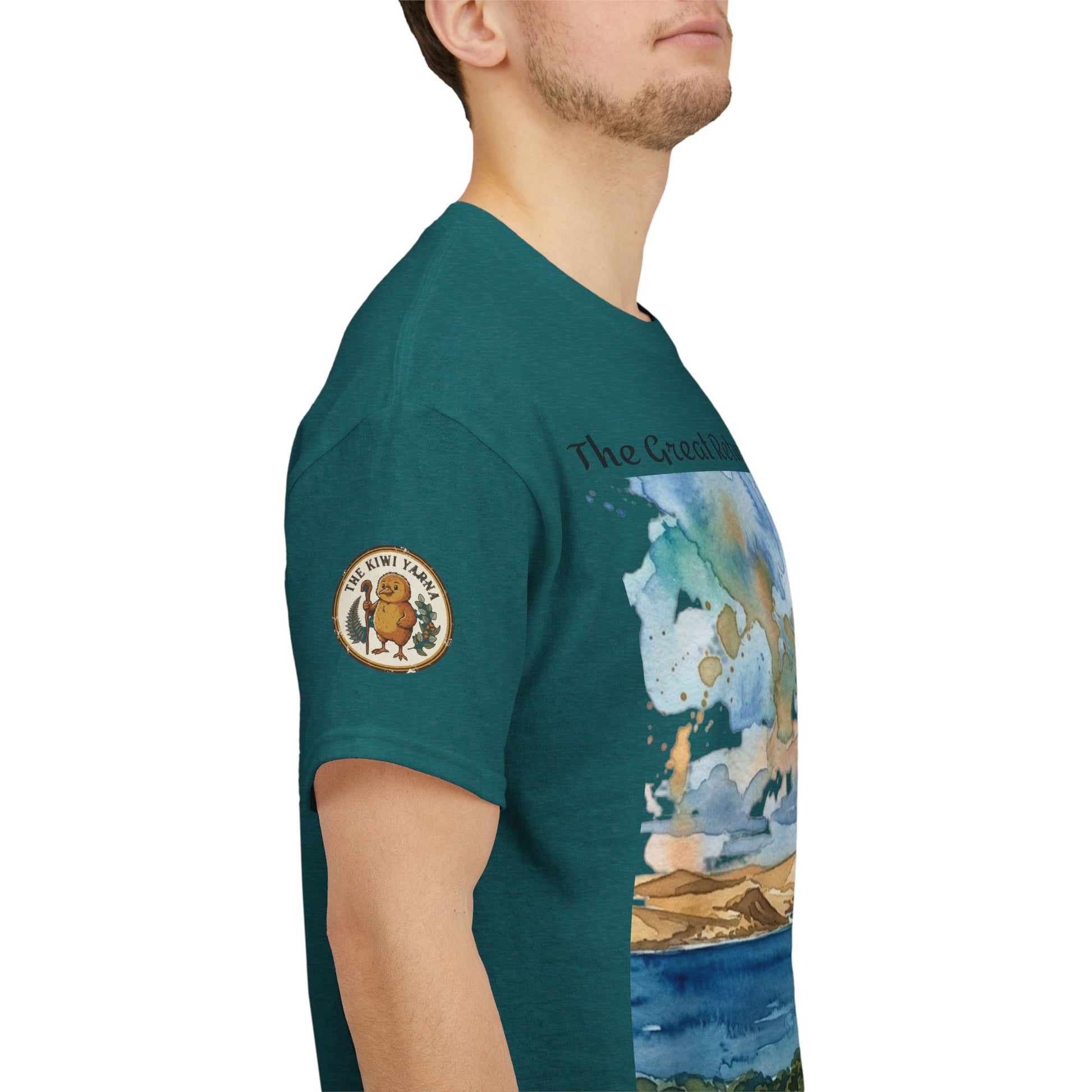 Teal unisex graphic T-shirt with landscape print and circular left-chest logo patch