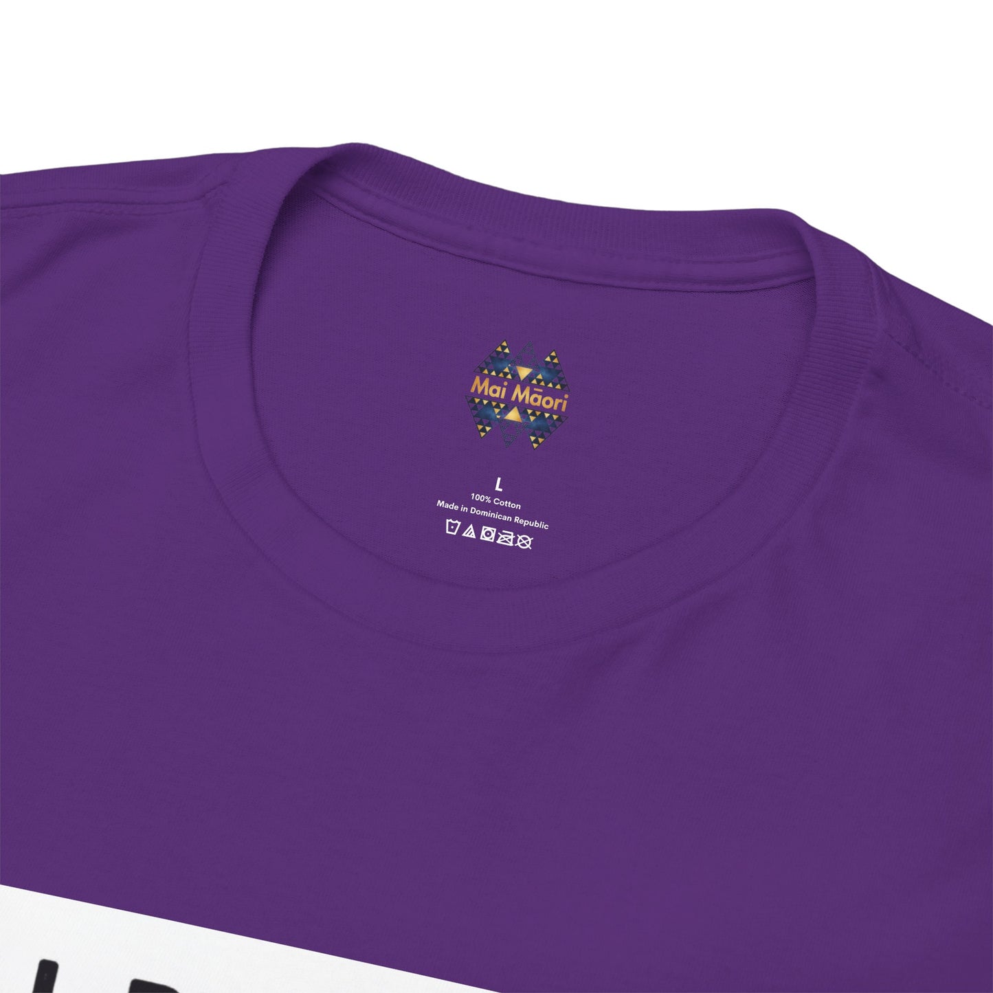 Purple t-shirt close-up of chest logo and crew neck