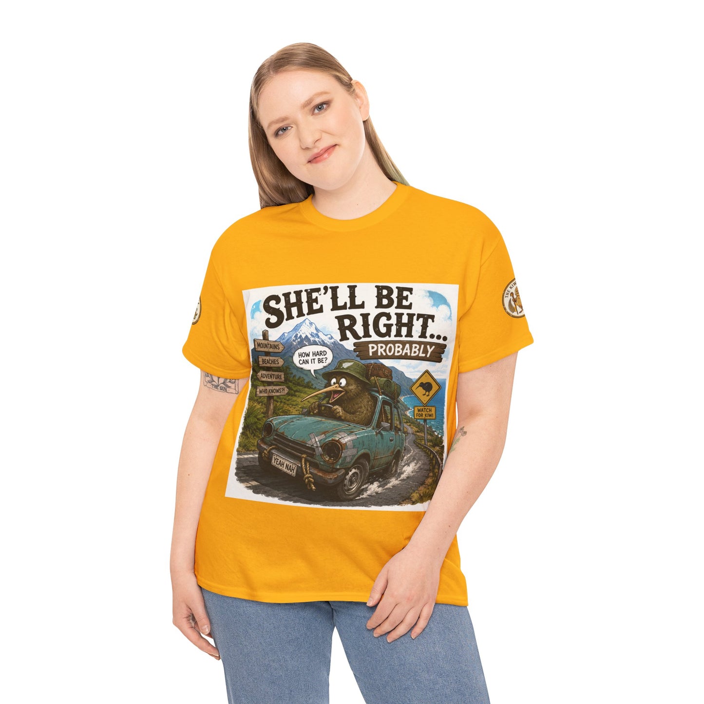 Mustard yellow crewneck T-shirt on model, featuring front truck and slogan graphic