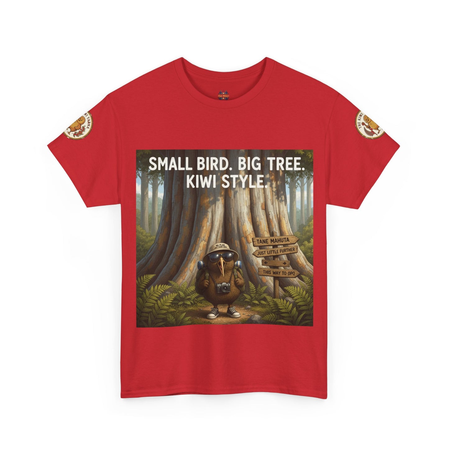 Red graphic T-shirt with bird-and-tree scene print, short sleeves