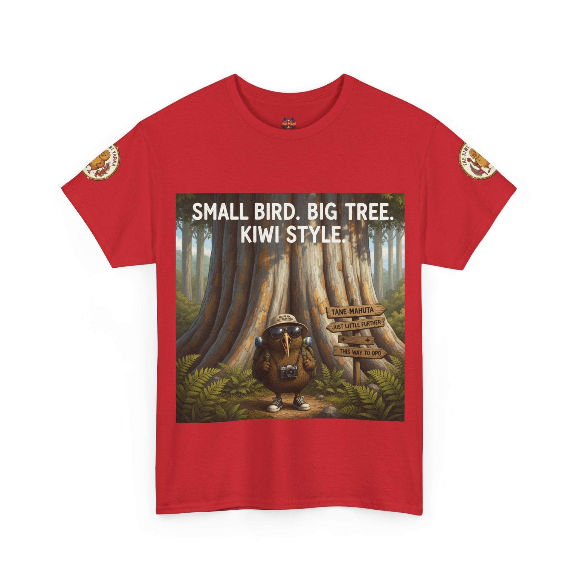 Red graphic T-shirt with bird-and-tree scene print, short sleeves