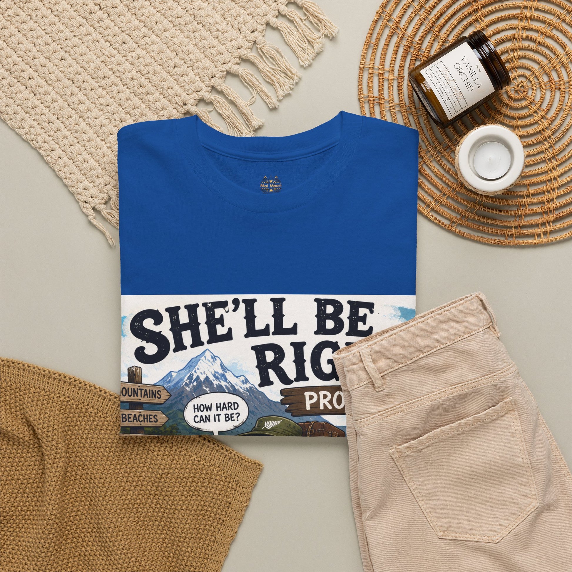 Blue crew-neck T-shirt with large front graphic and mountain scene