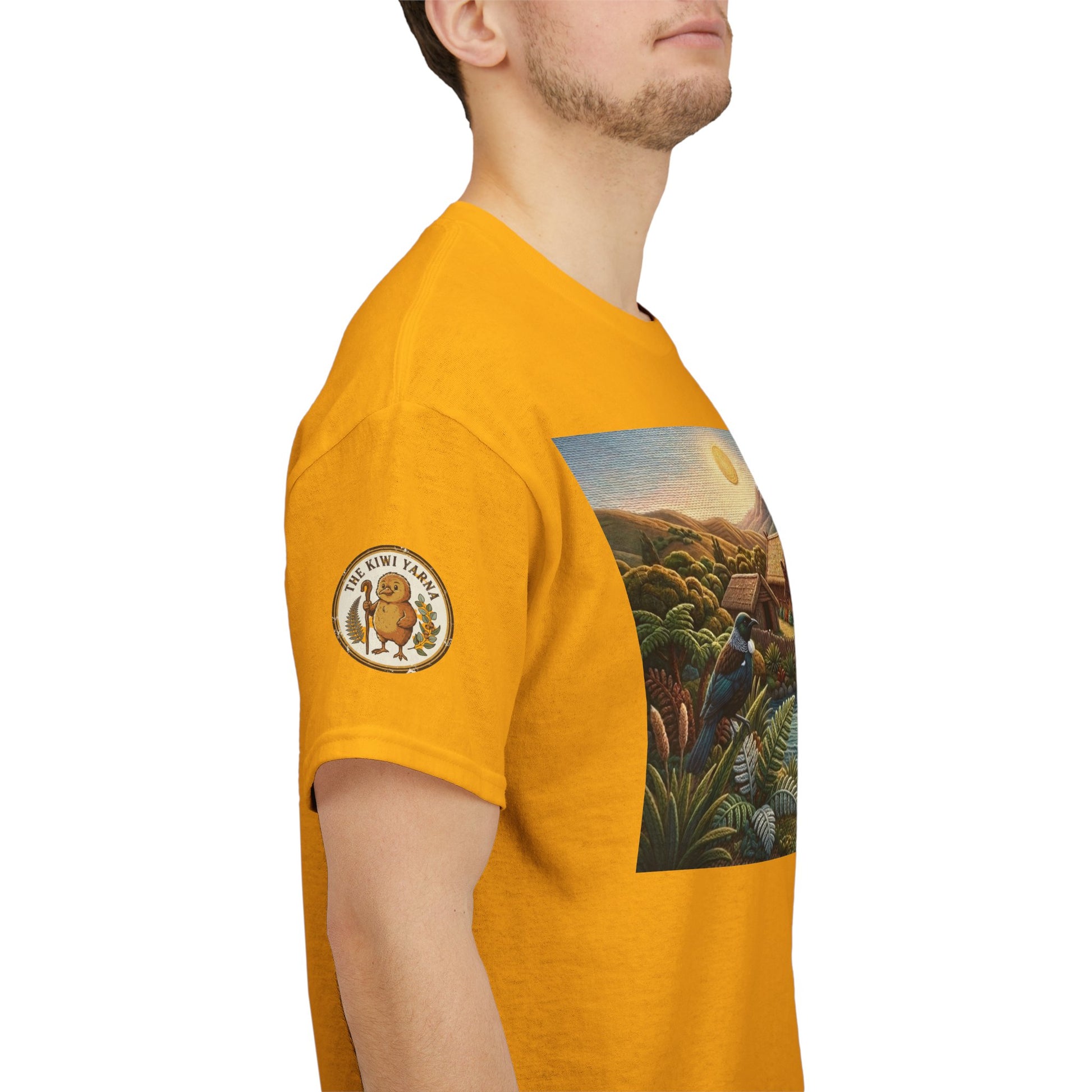 Unisex yellow T-shirt with sleeve emblem and side landscape print.
