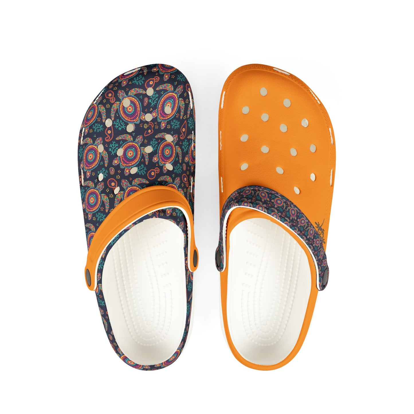 Pair of Croc-style clogs, orange perforated interior with dark paisley collars