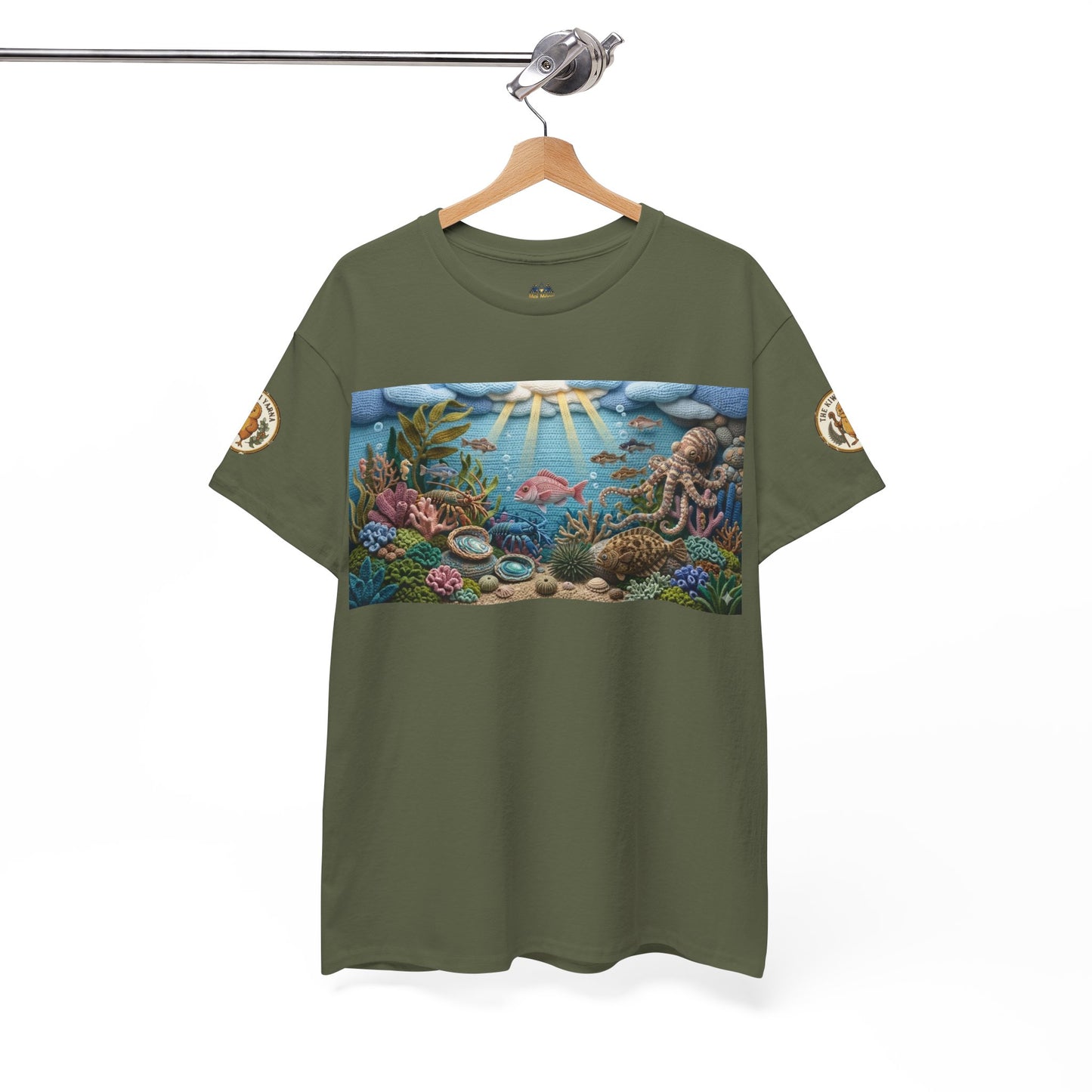 Olive green short-sleeve crew-neck T-shirt with undersea rectangular graphic front