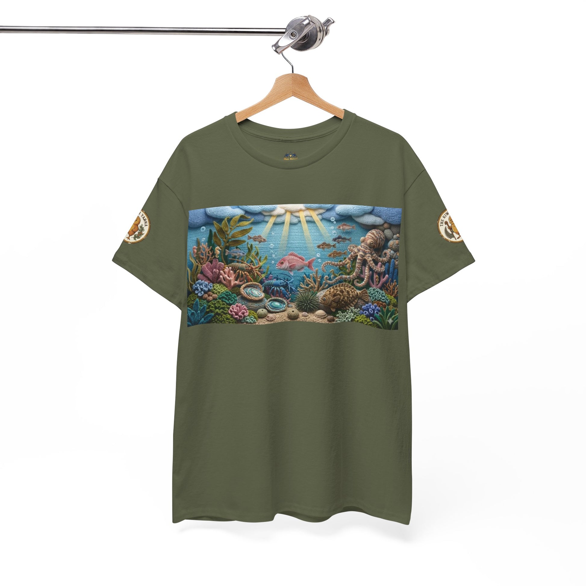 Olive green short-sleeve crew-neck T-shirt with undersea rectangular graphic front
