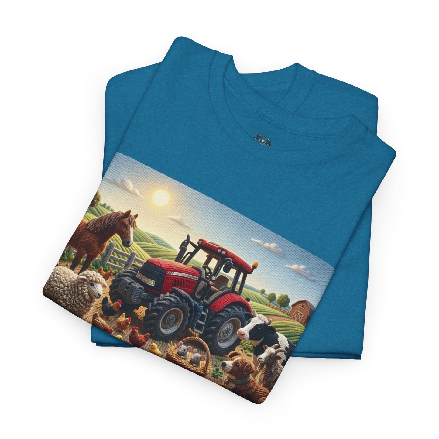 Teal short-sleeve T-shirt with farm tractor and animals graphic across the front.