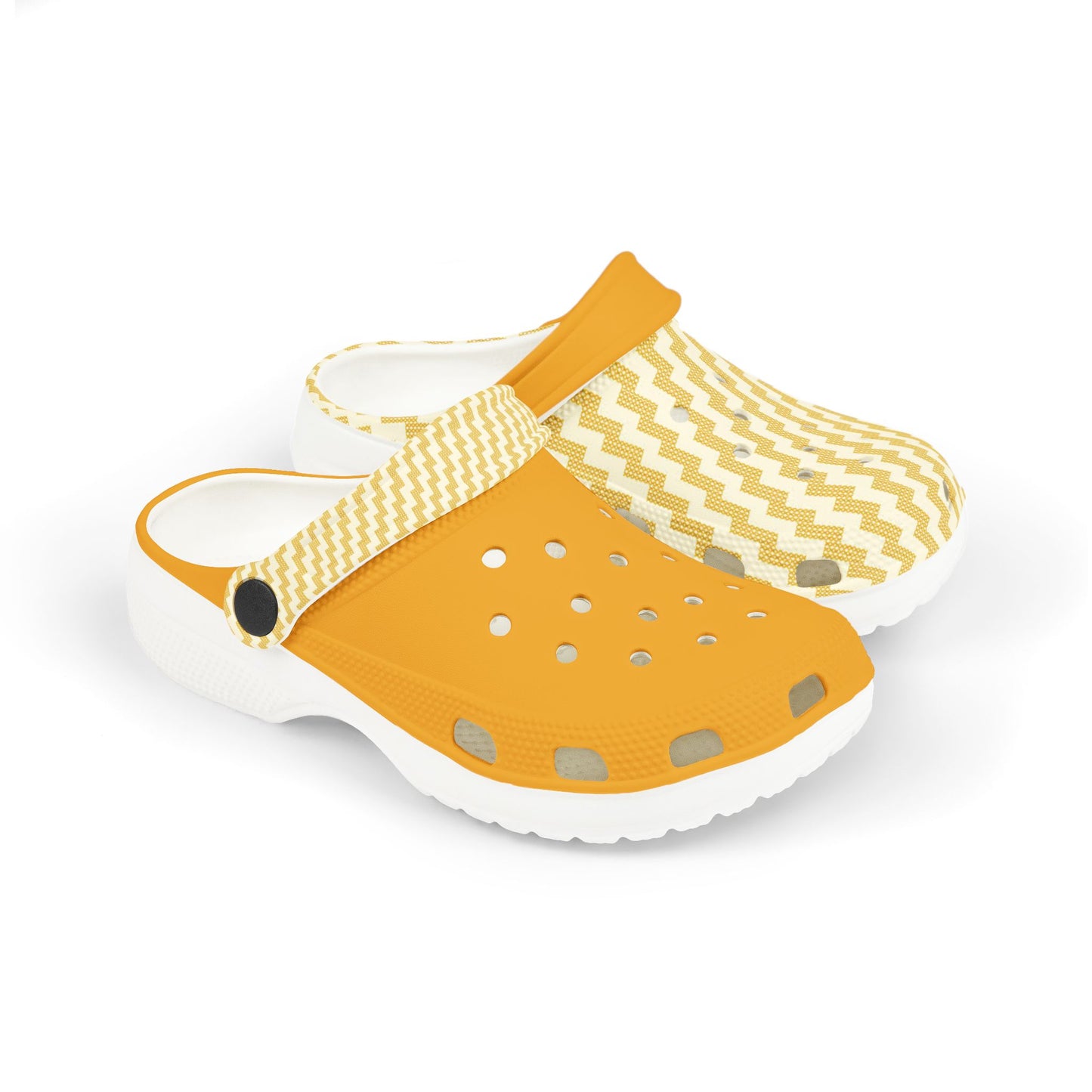 Mustard and chevron slip-on clog with perforated detail and white sole