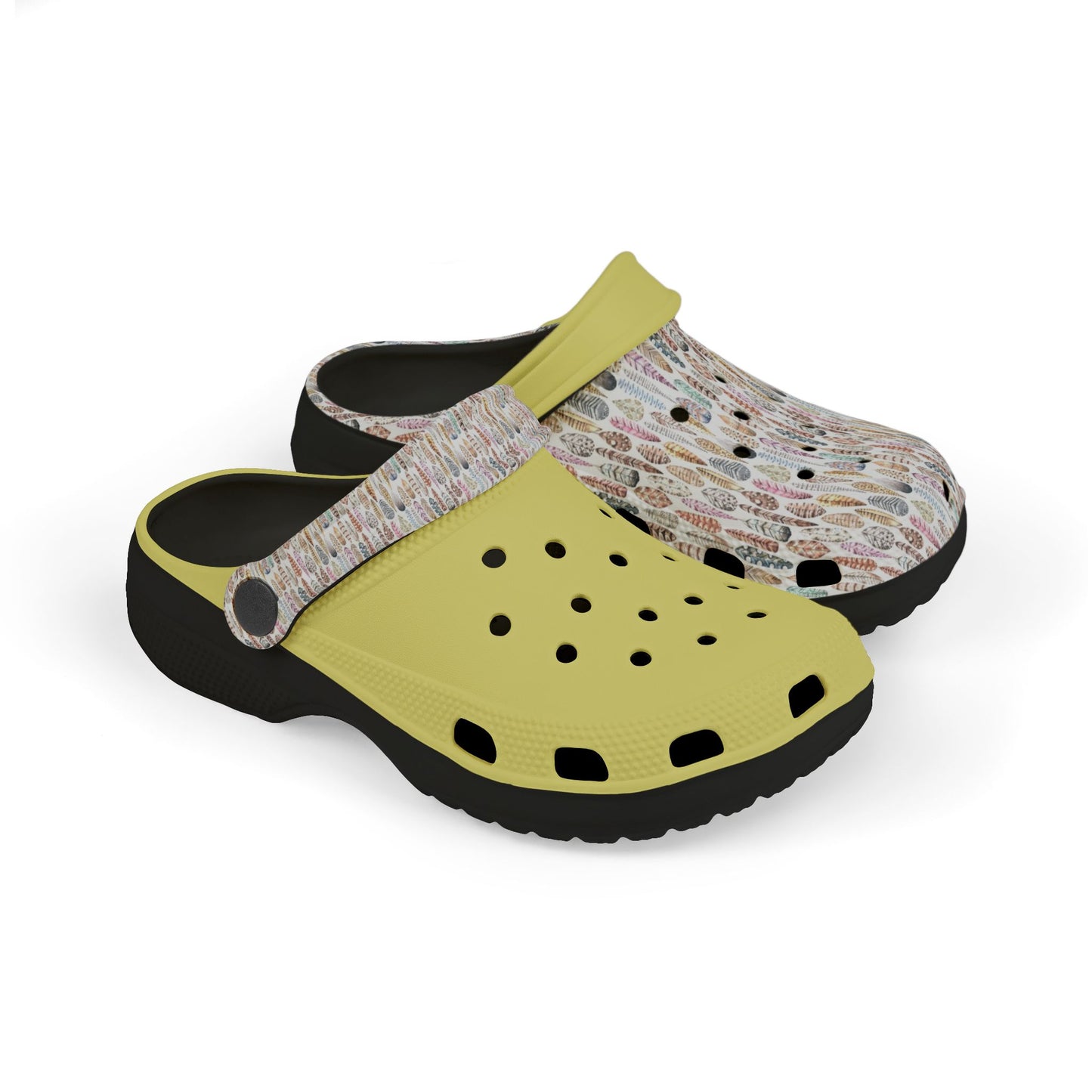 Croc-style clogs with white patterned upper, yellow strap, and black lining