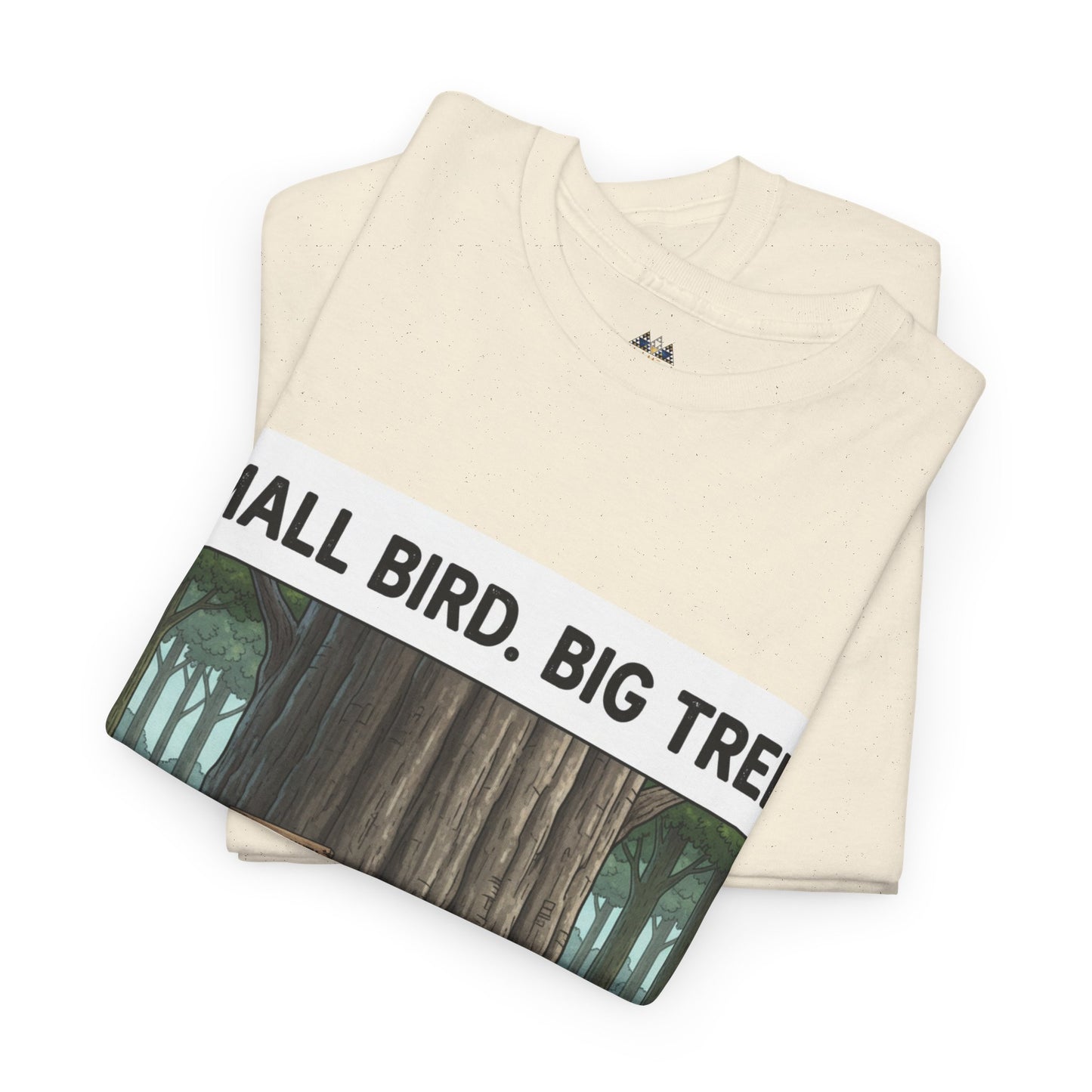 Ivory graphic crewneck T-shirt with diagonal bold text and forest tree scene print