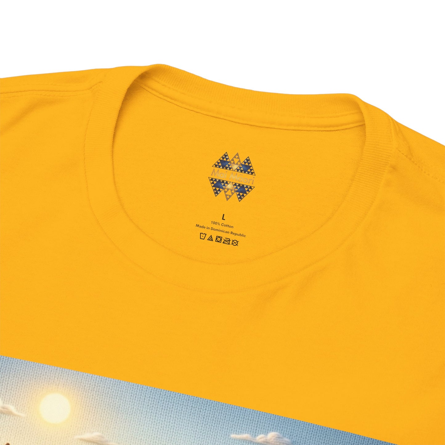 Gold/yellow T-shirt close-up of neckline with small multicolor emblem logo.