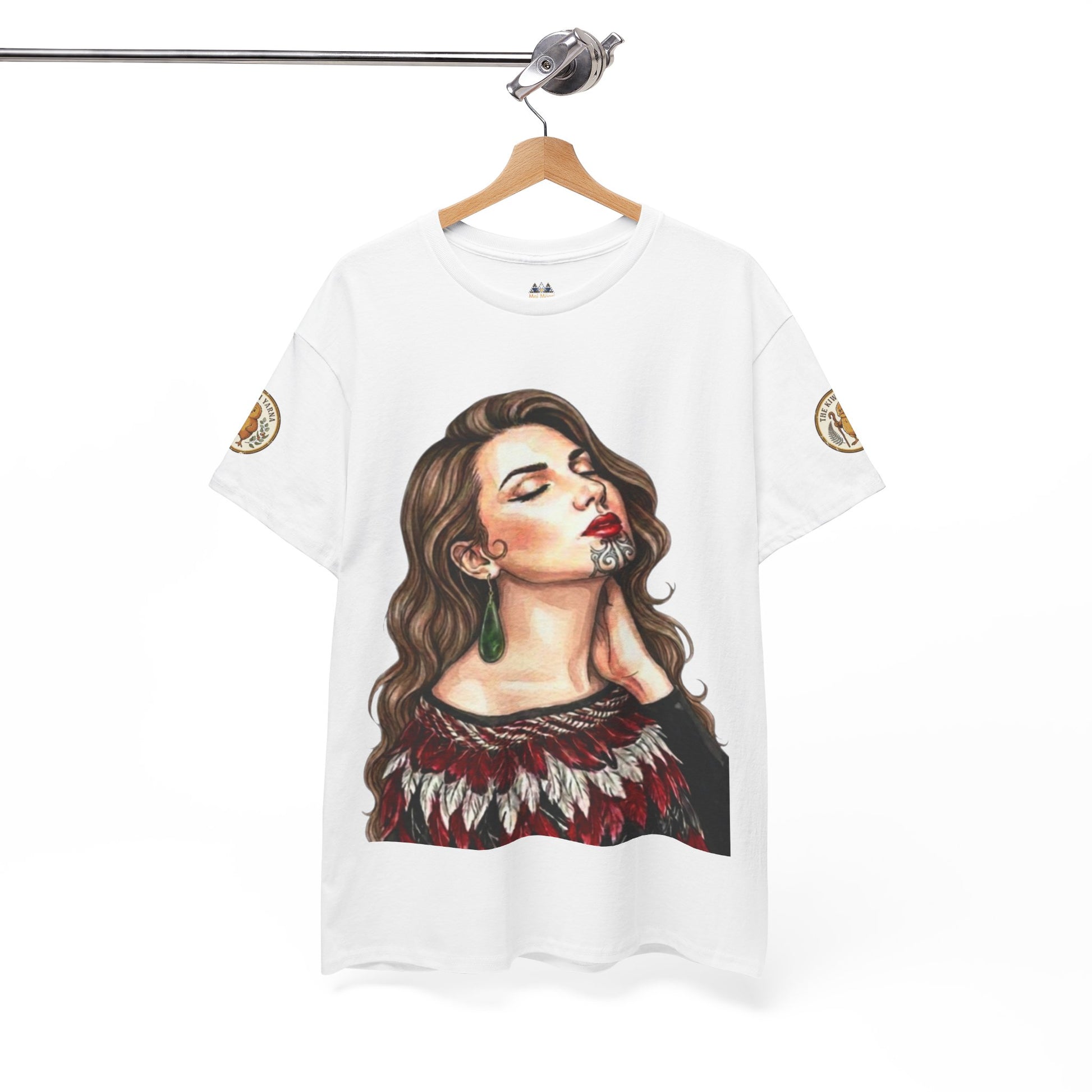 White graphic T-shirt with portrait woman bust illustration, hanging view