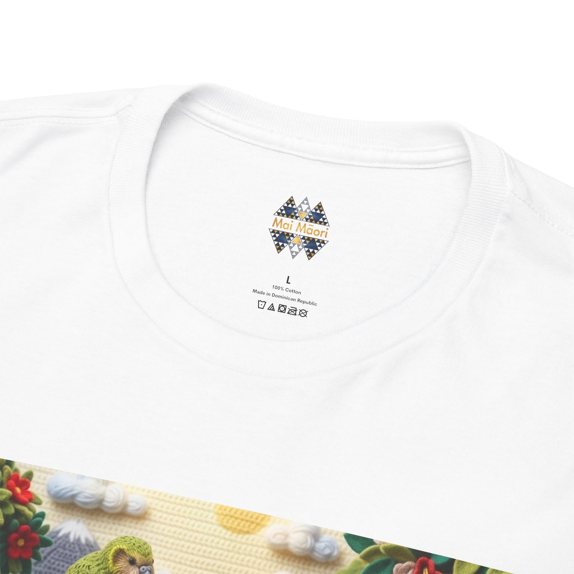White T-shirt neckline with small chest logo and part of bird print panel