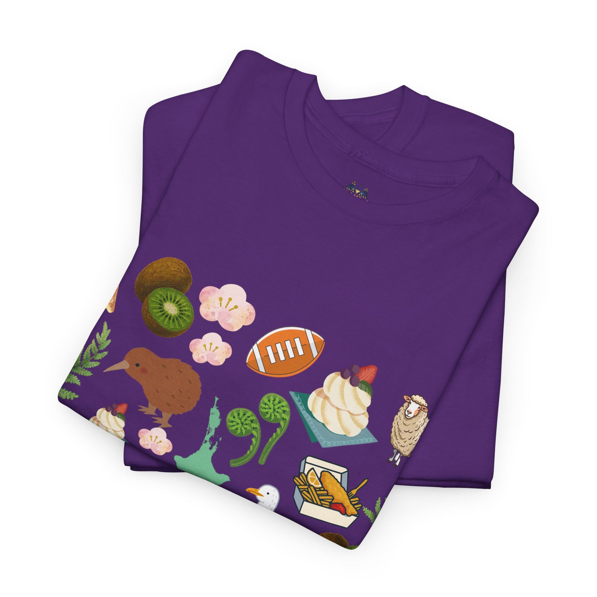 Kiwiana t-shirt in purple with large colorful Kiwiana-style graphic front
