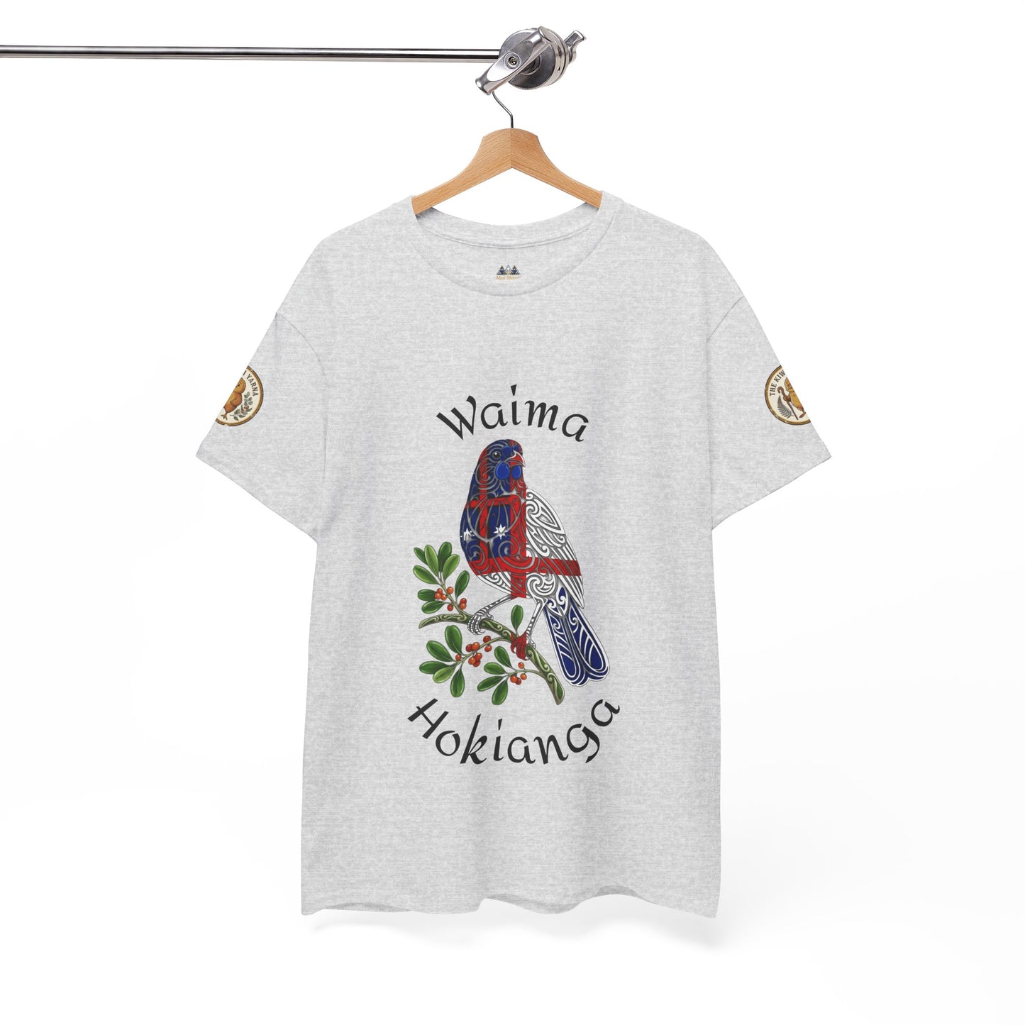 Light gray crewneck graphic t-shirt on hanger with bird and leafy front print