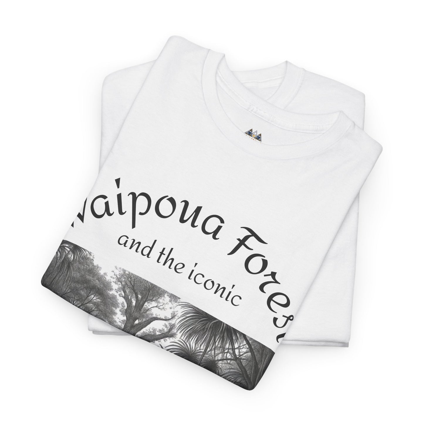 White crew-neck T-shirt folded with black forest graphic and stylized text