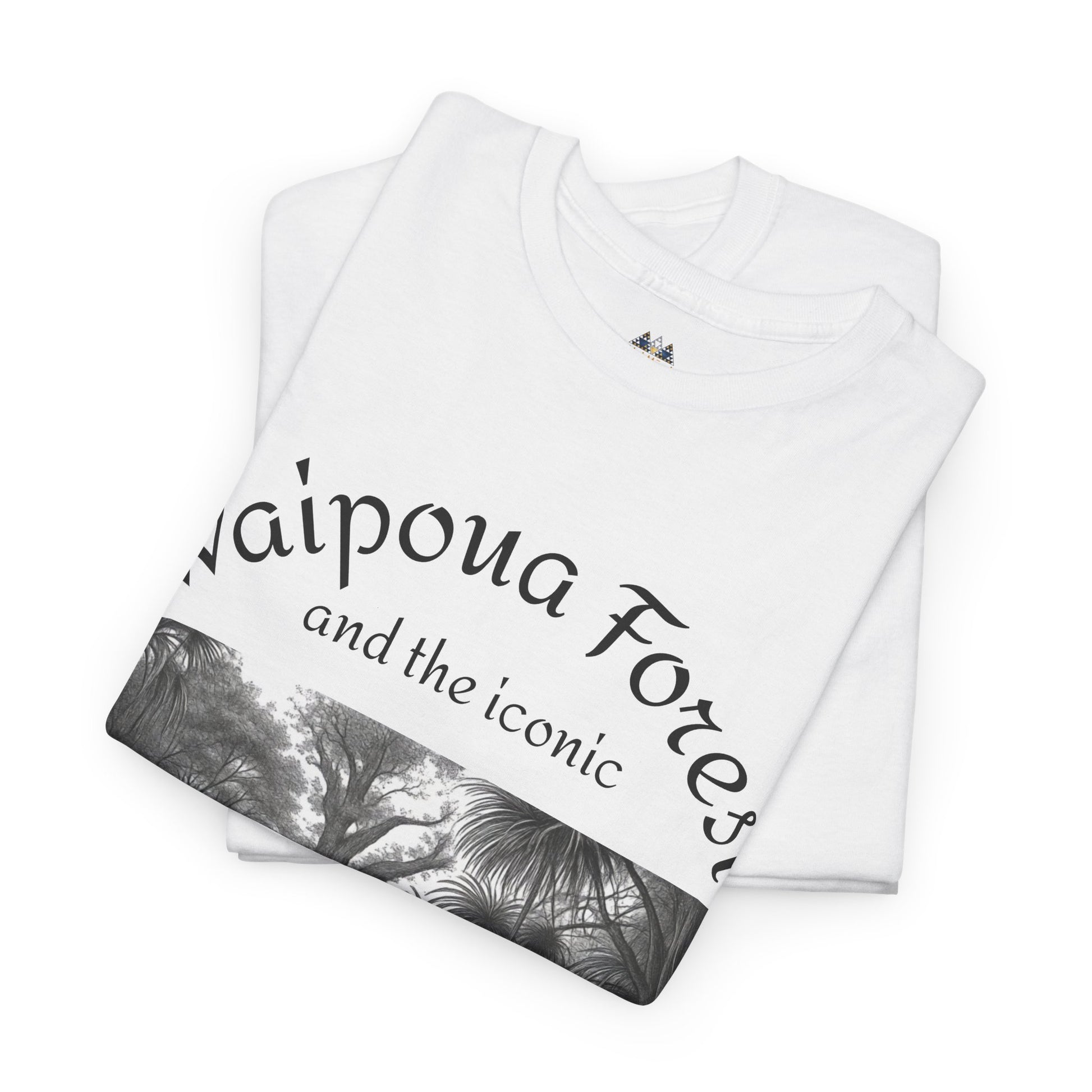 White crew-neck T-shirt folded with black forest graphic and stylized text
