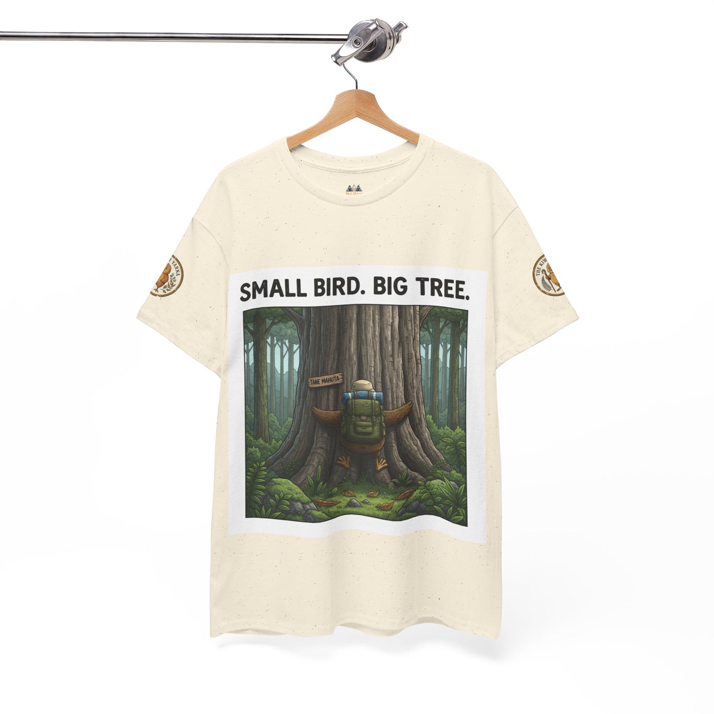 Ivory graphic crewneck T-shirt on hanger with centered forest illustration box print