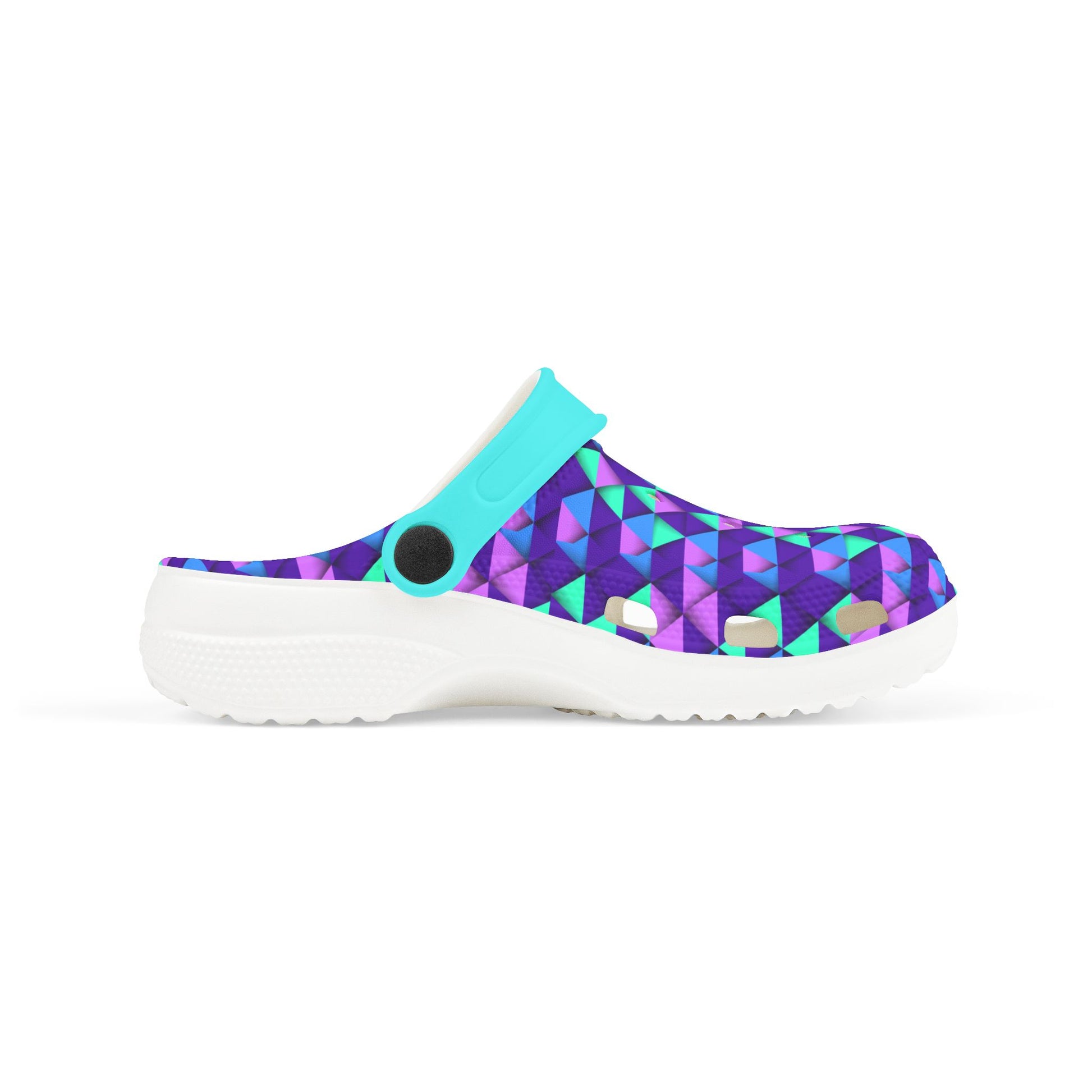 Croc-style clogs, side view with teal strap and purple geometric upper