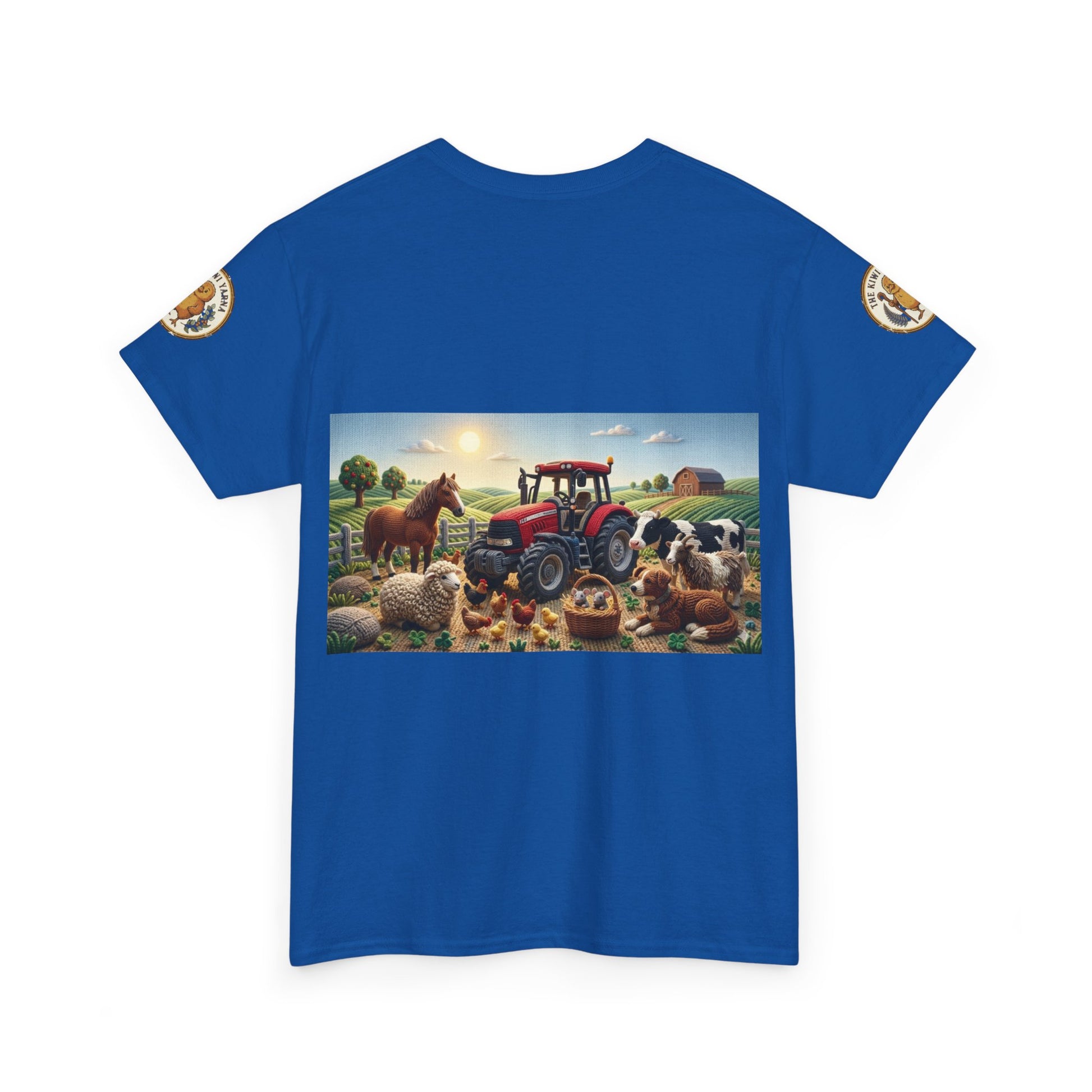 Royal blue crewneck T-shirt with farm tractor and animals graphic; short sleeves.