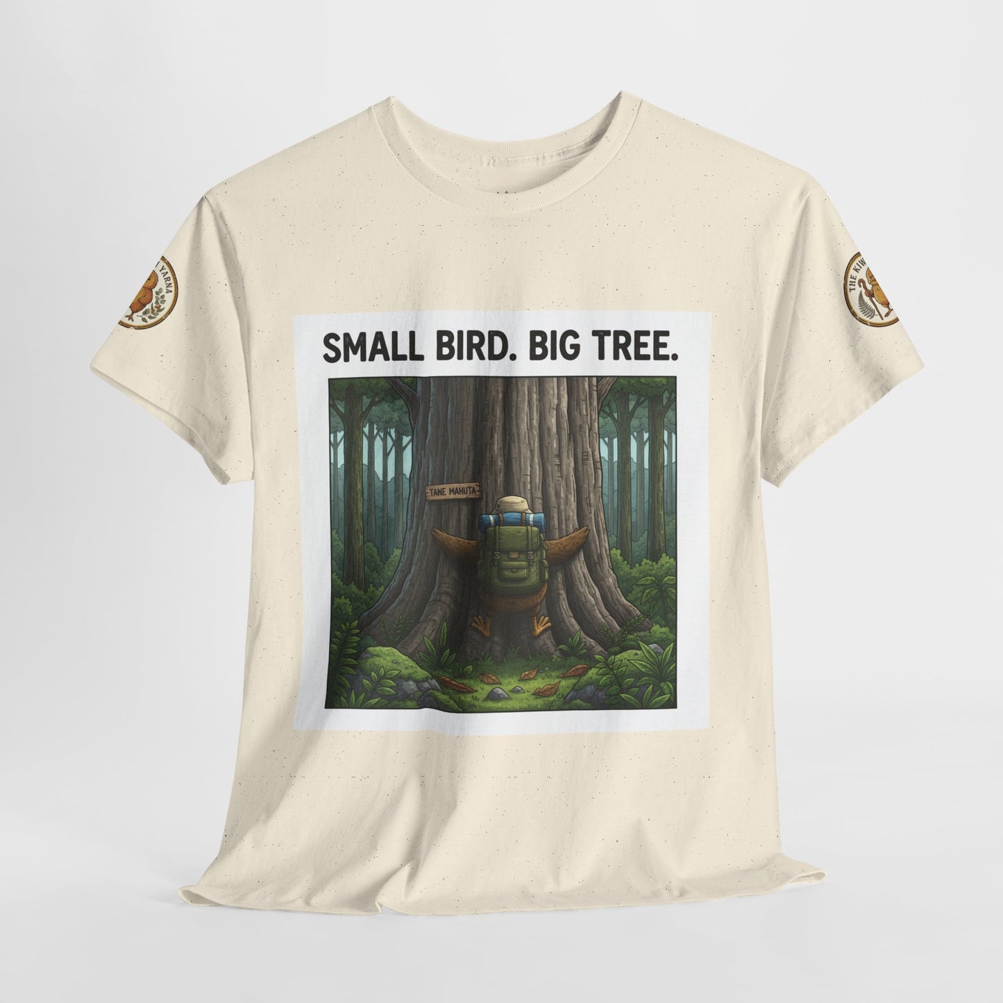 Unisex graphic T-shirt, light cream with front square forest scene and slogan