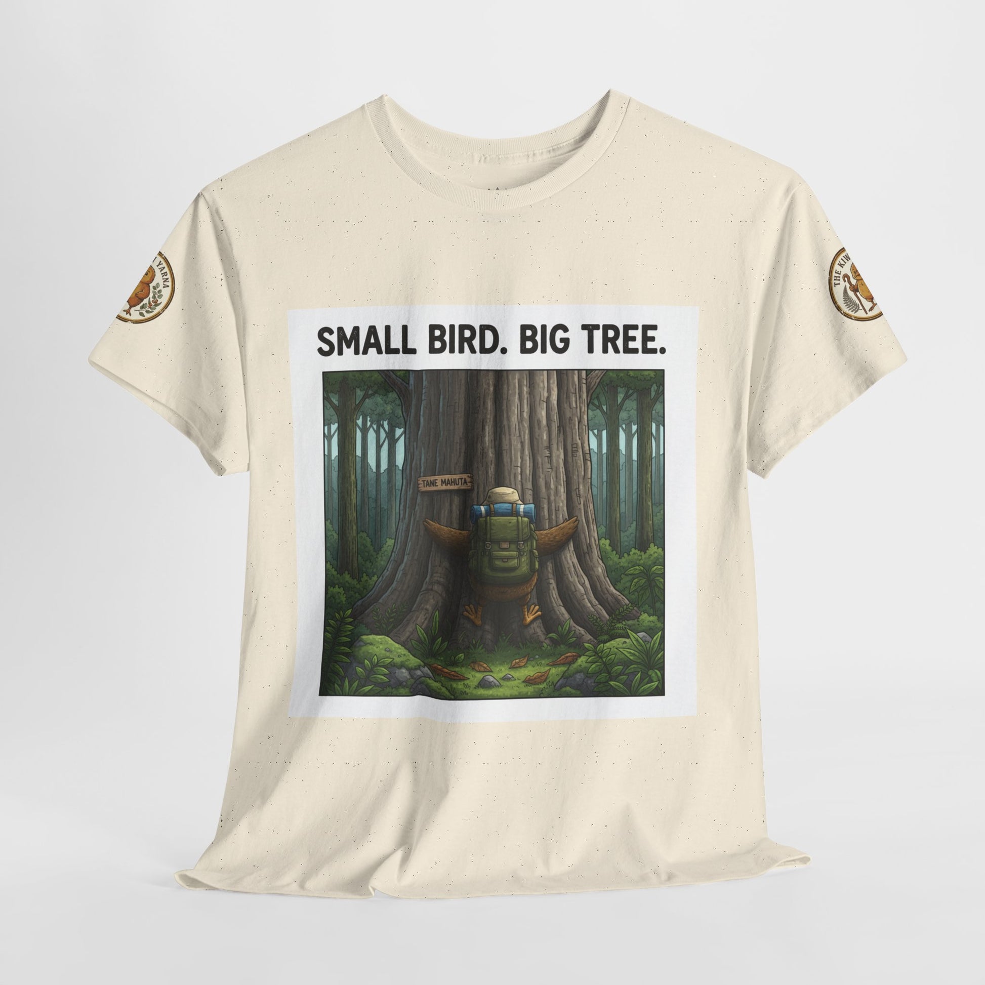 Unisex graphic T-shirt, light cream with front square forest scene and slogan