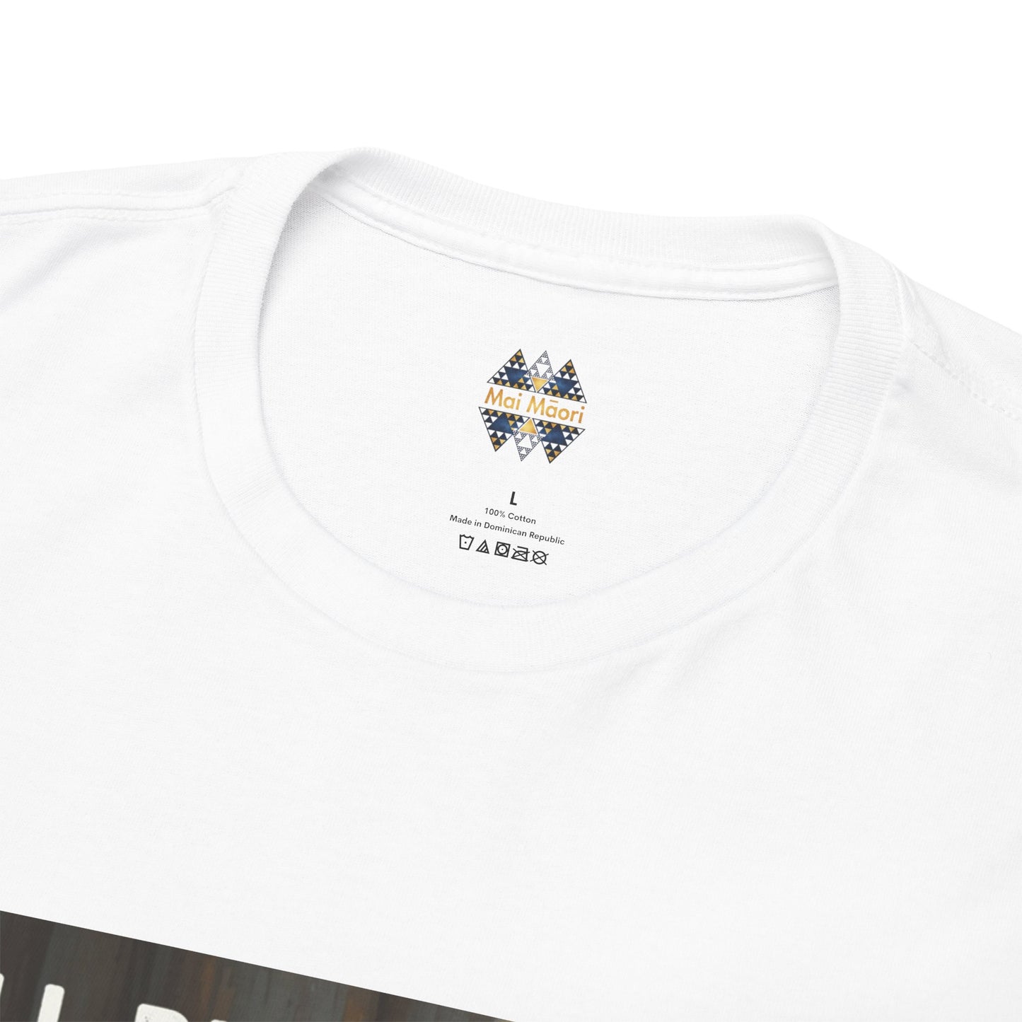 White T-shirt neckline close-up with small emblem logo on chest area