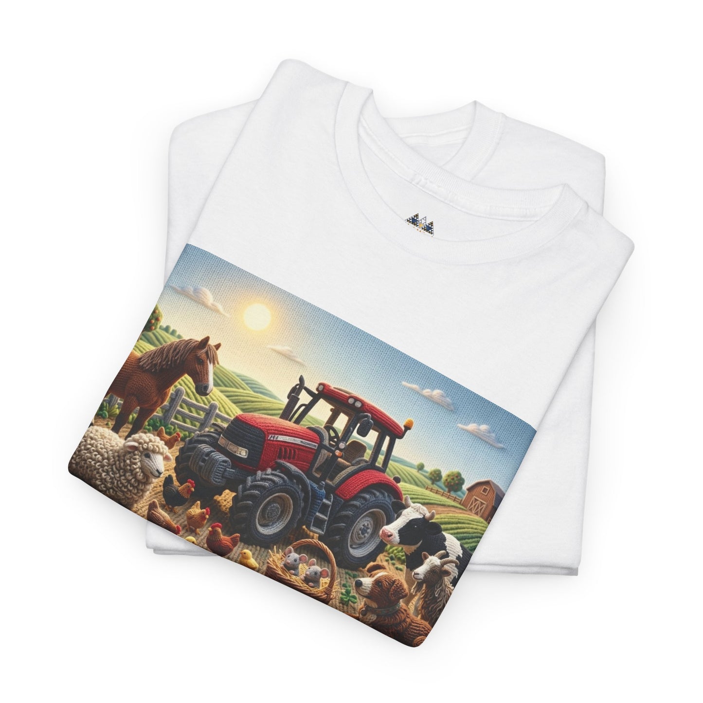 White crewneck T-shirt with farm tractor and animals graphic across the front, folded.