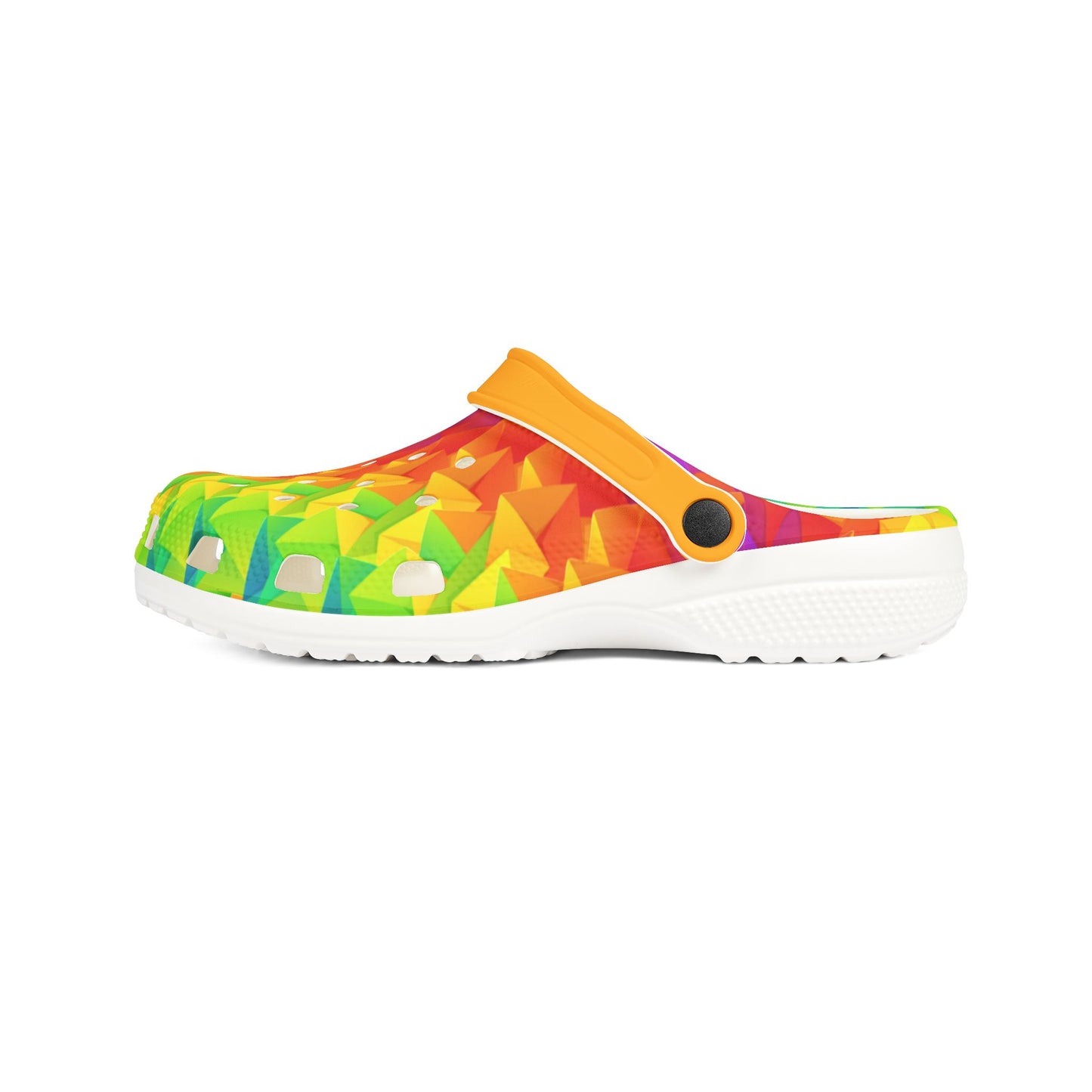 Orange clog shoes with multicolor geometric upper and white cushioned sole
