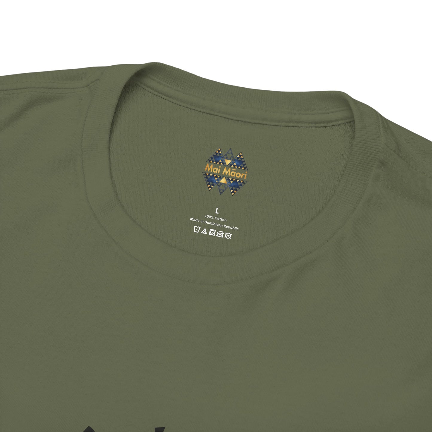 Green T-shirt neckline close-up with small chest logo