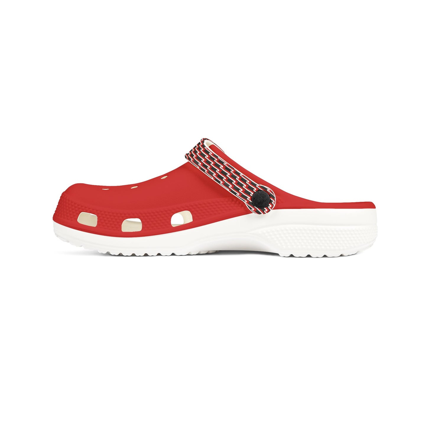 Tino clog with red upper, black striped strap, white midsole, perforation cutouts