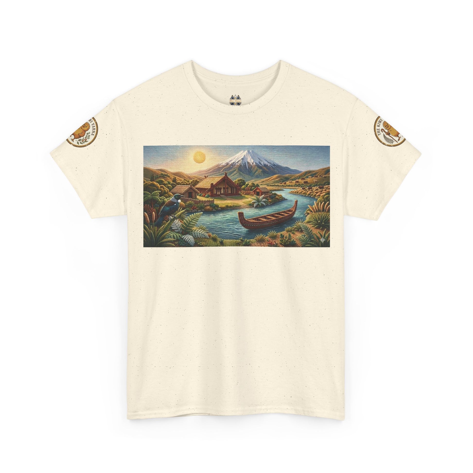 Cream graphic T-shirt with landscape print and canoe; circular sleeve patches.