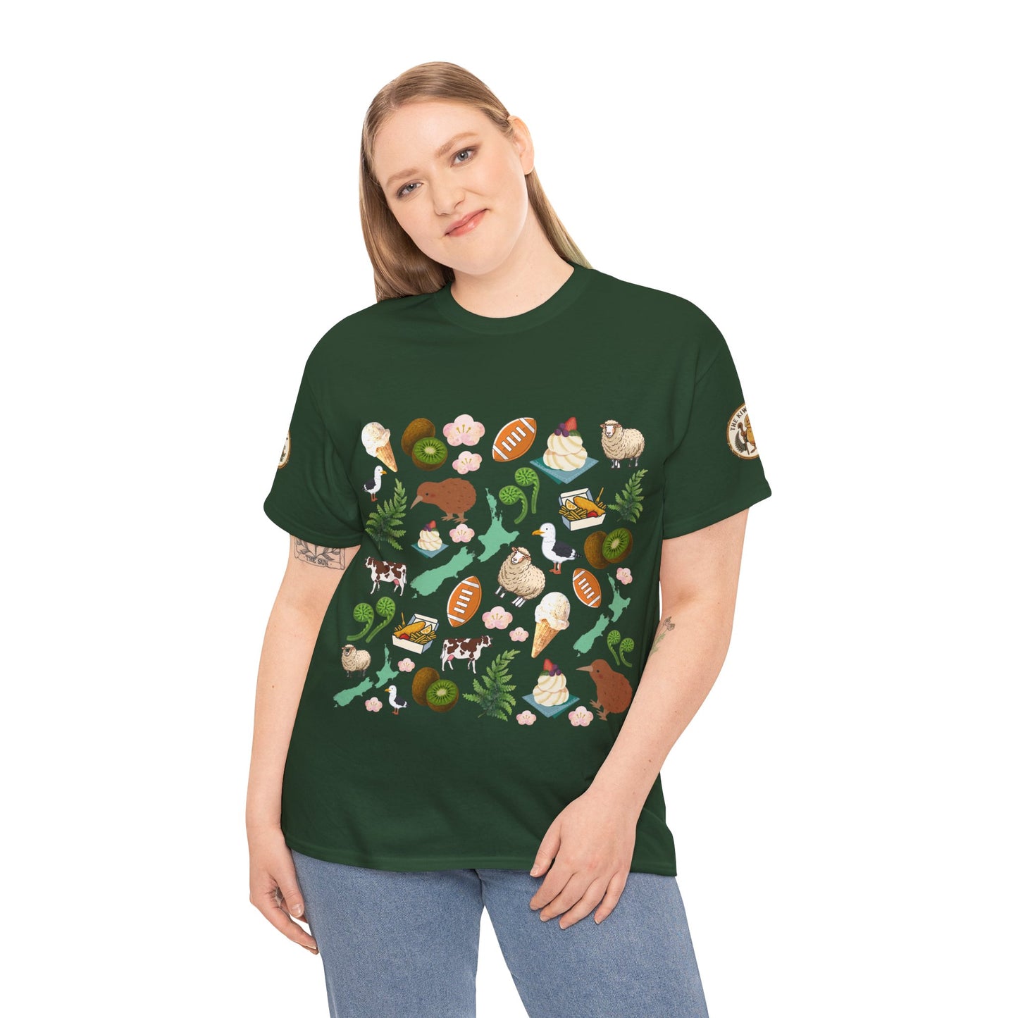 Dark green crew-neck short-sleeve T-shirt with colorful animal and plant graphic