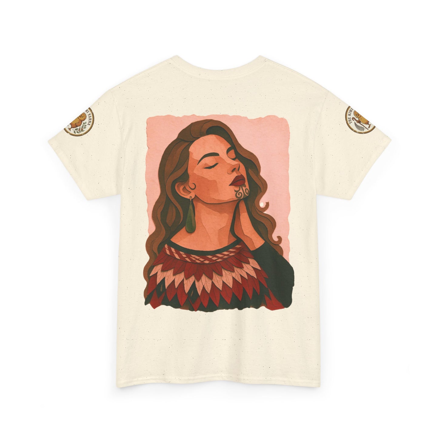 Cream T-shirt with portrait graphic and gold patch detail on sleeves.
