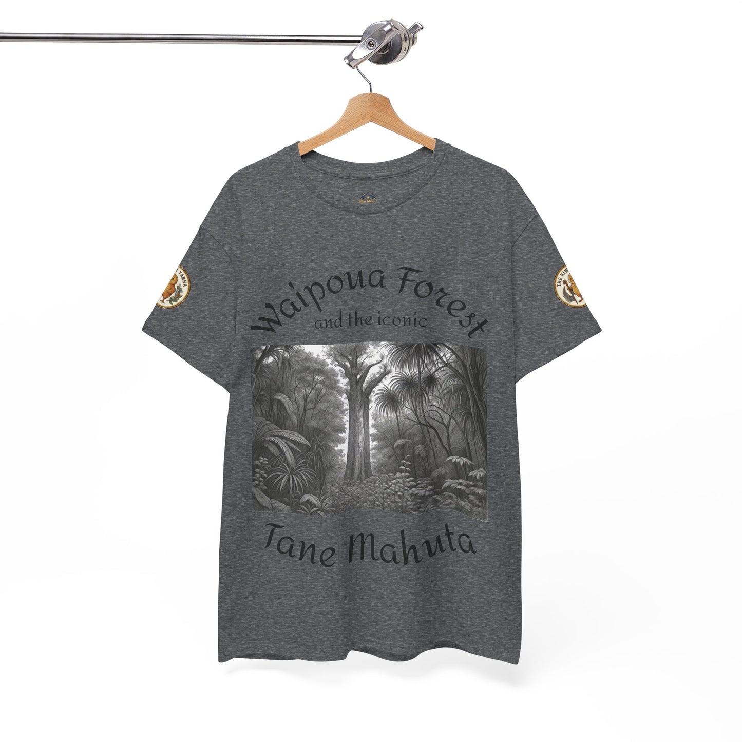Heather gray graphic T-shirt with forest artwork front and crew neck hemmed sleeves