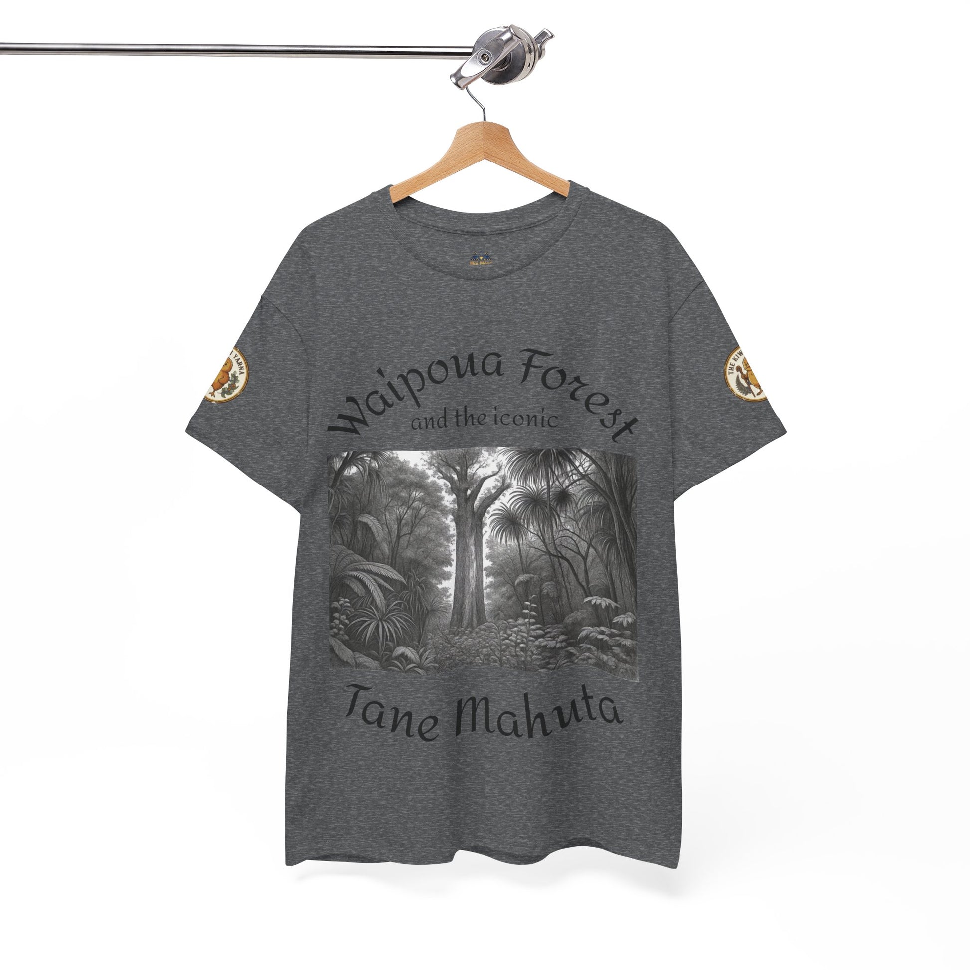 Heather gray graphic T-shirt with forest artwork front and crew neck hemmed sleeves