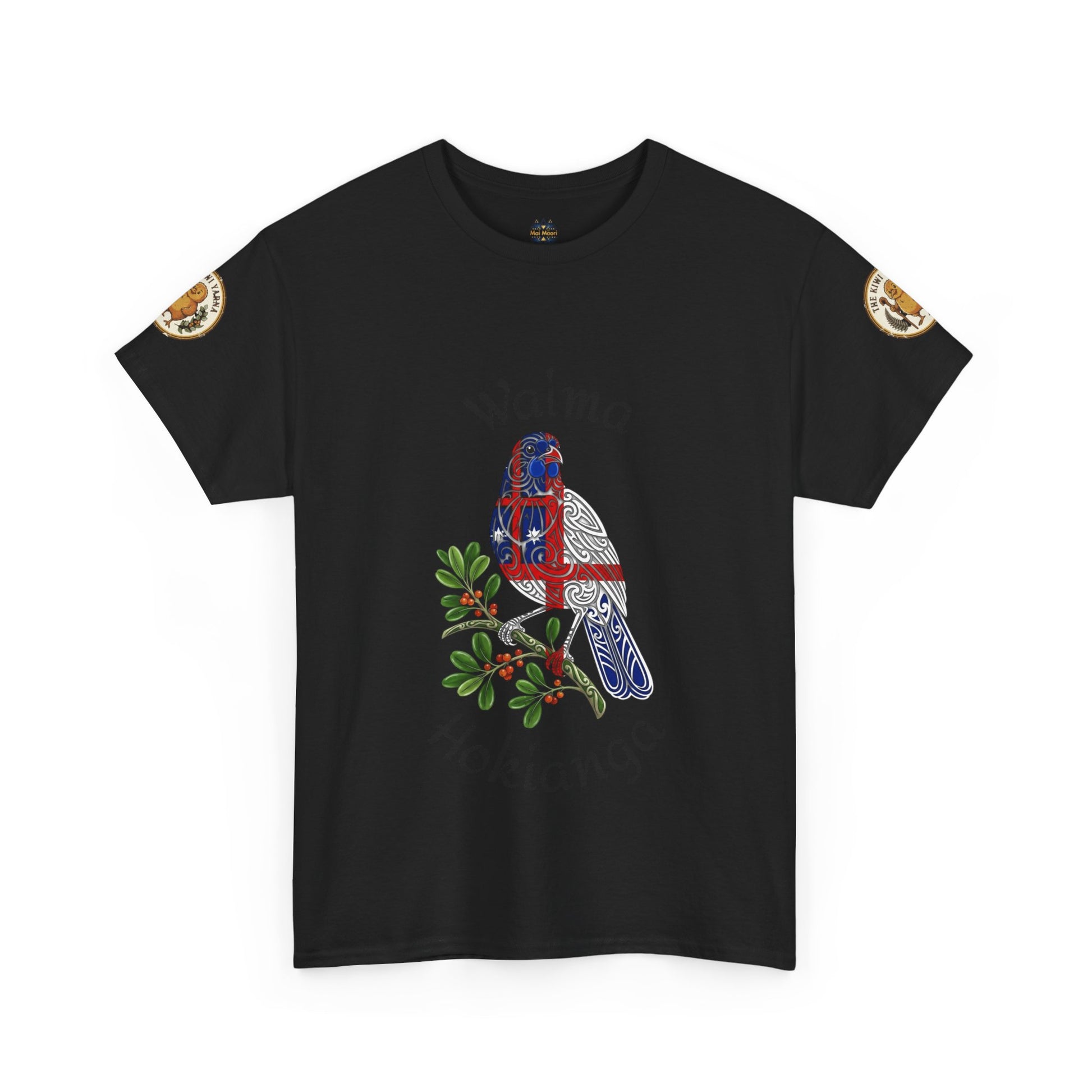 Black T-shirt with colorful bird and foliage emblem graphic
