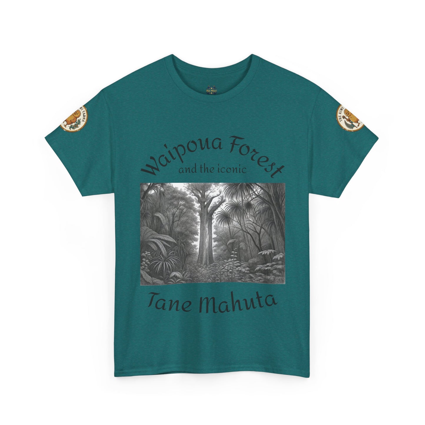 Teal T-shirt with front forest graphic and sleeve patches, crew neck.