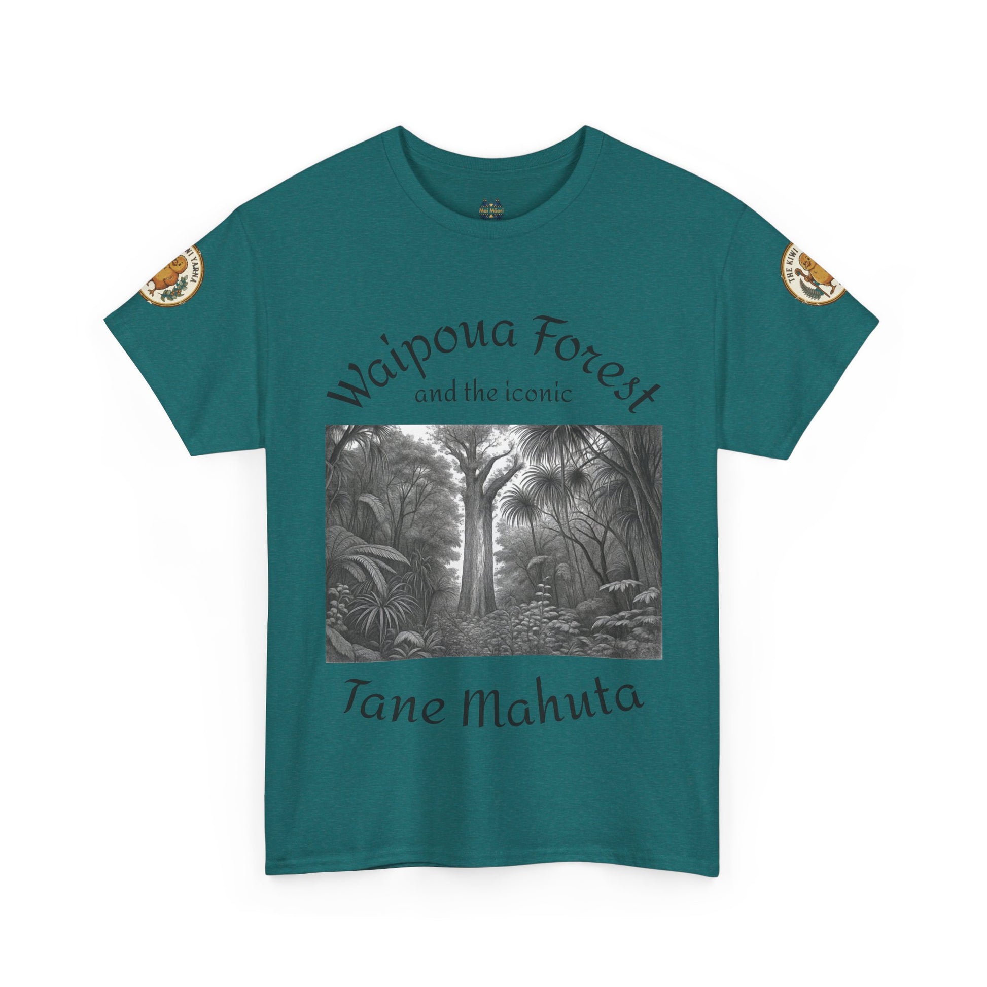 Teal T-shirt with front forest graphic and sleeve patches, crew neck.