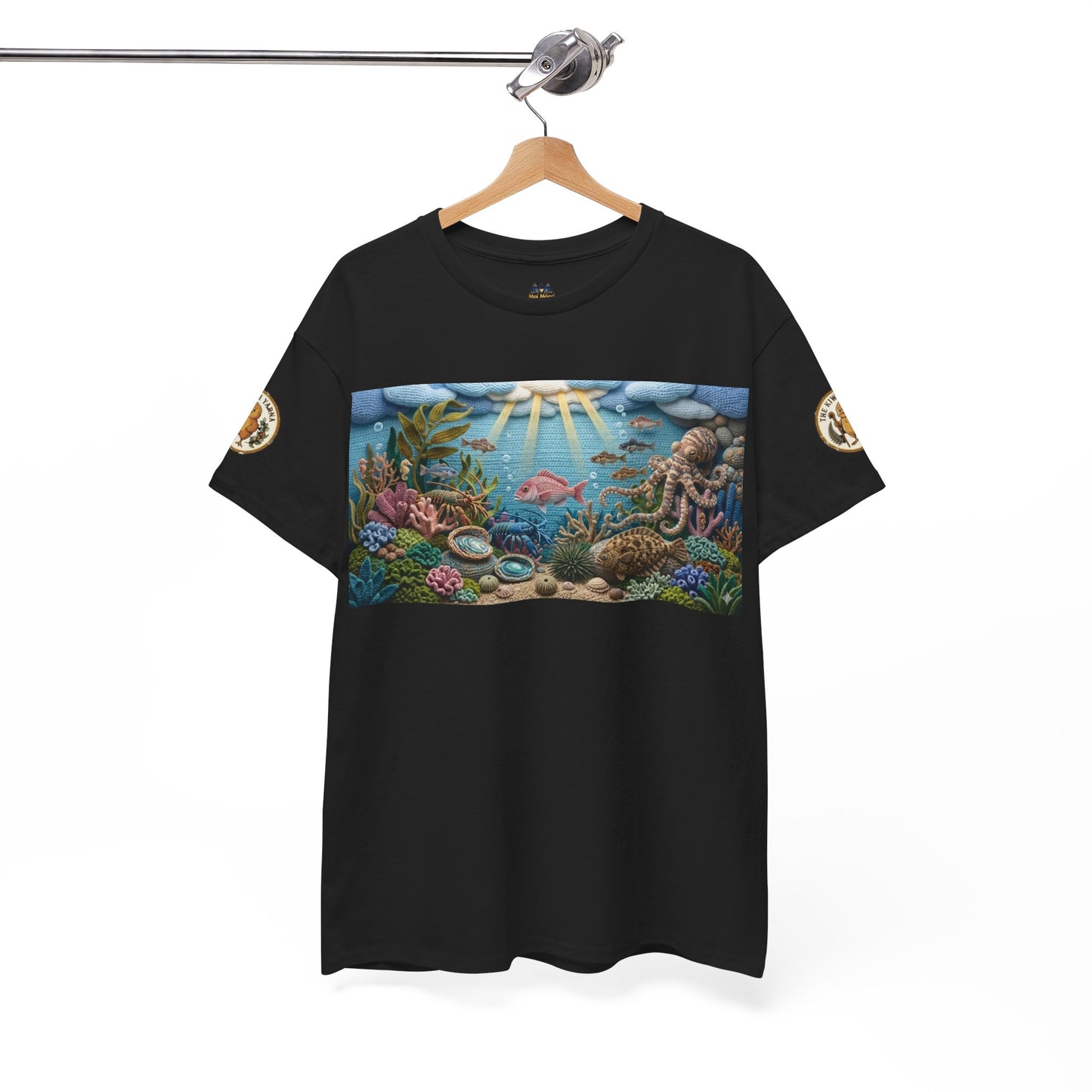 Black T-shirt with large underwater scene graphic across the chest, short sleeves.