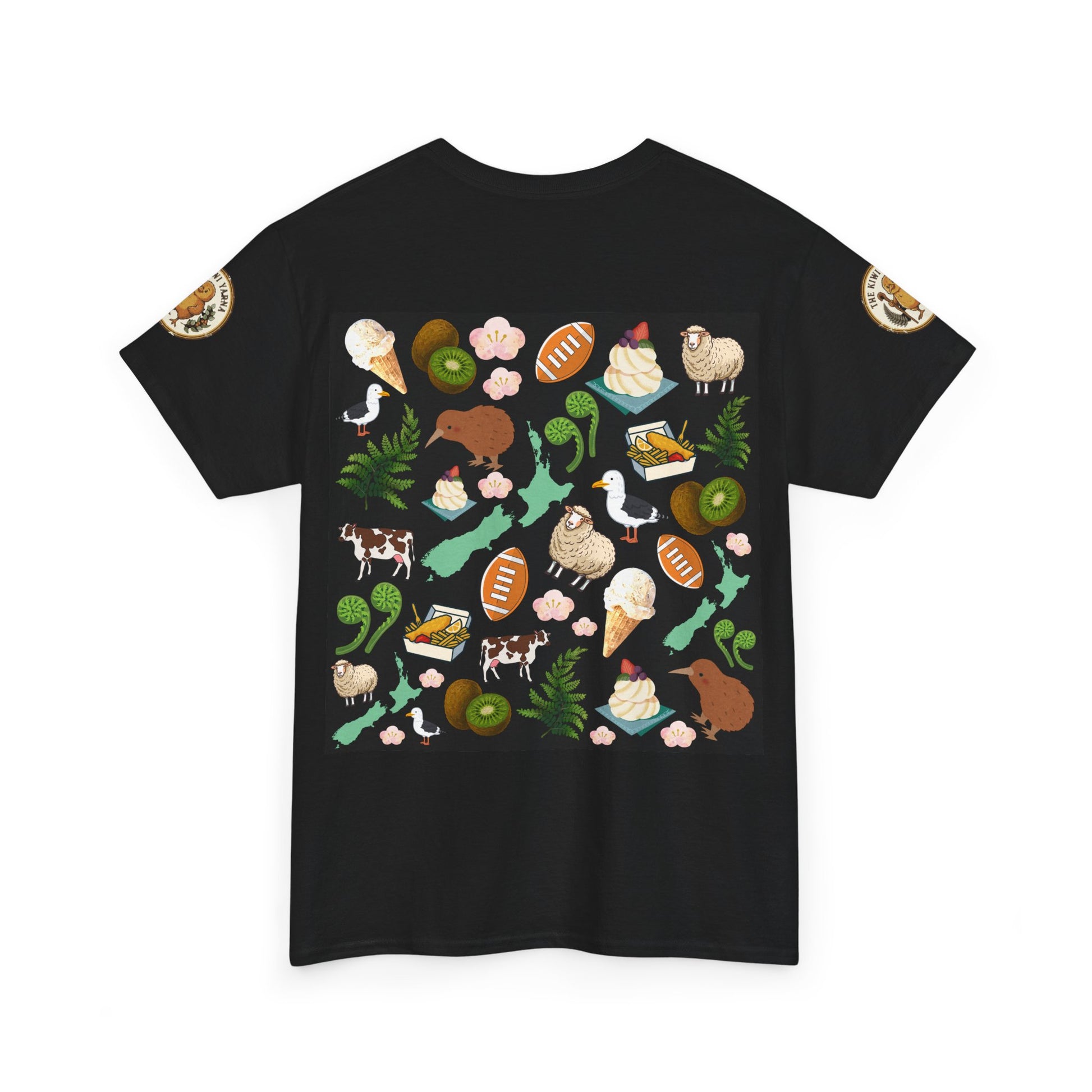 Kiwiana graphic T-shirt in black with colorful wildlife, food, and fern pattern